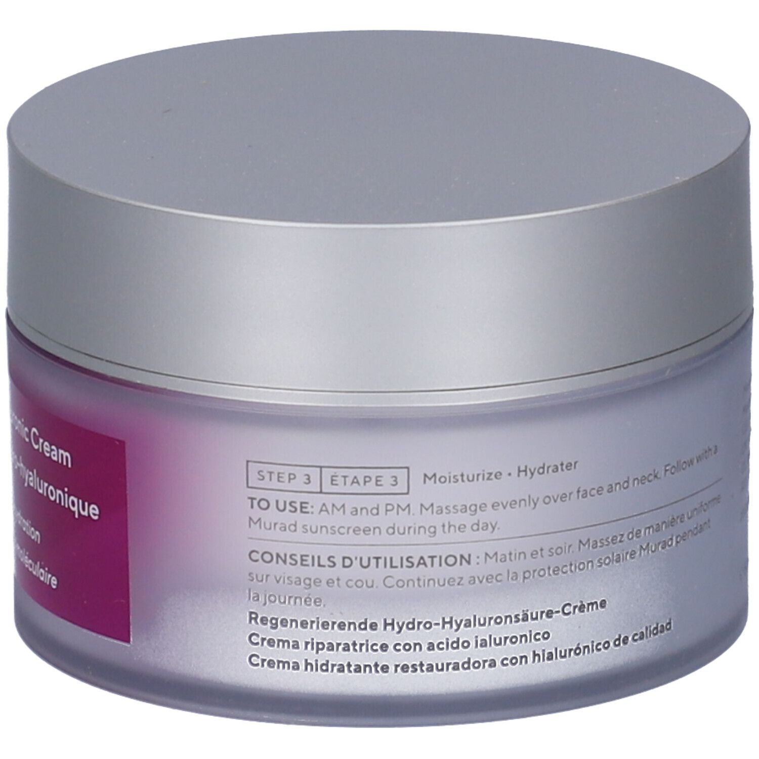 Vaso di crema con coperchio argentato. L'etichetta riporta "Murad" e "Restorative Hydro-Hyaluronic Cream".