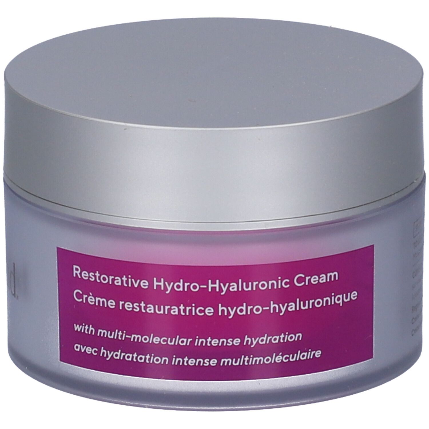 Vaso di crema con coperchio argentato. L'etichetta riporta "Murad" e "Restorative Hydro-Hyaluronic Cream".