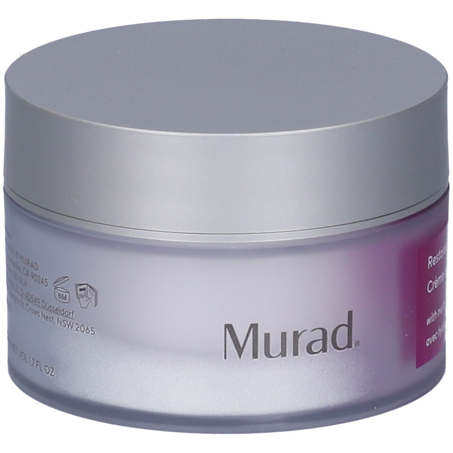 Vaso di crema con coperchio argentato. L'etichetta riporta "Murad" e "Restorative Hydro-Hyaluronic Cream".