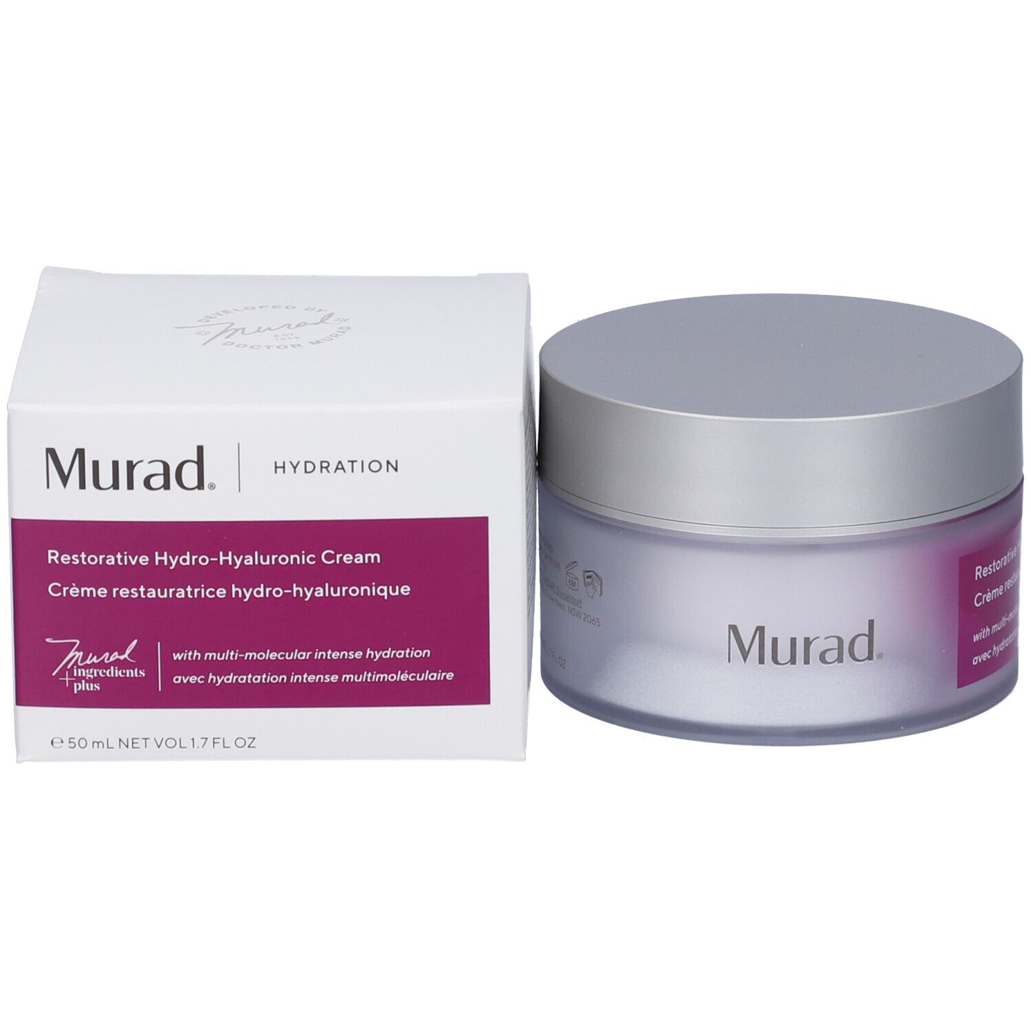 Vaso di crema con coperchio argentato e una scatola. Entrambi riportano "Murad" e "Restorative Hydro-Hyaluronic Cream".
