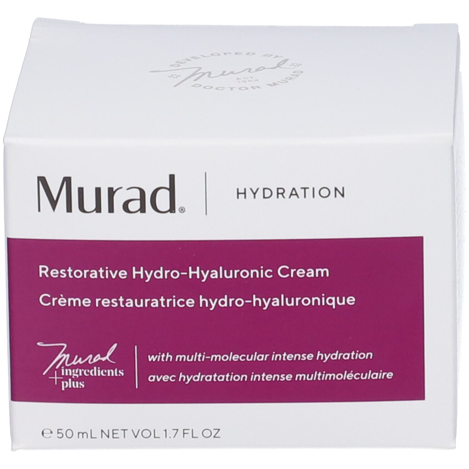 Scatola bianca con la scritta "Murad". Sulla scatola è scritto "Restorative Hydro-Hyaluronic Cream".