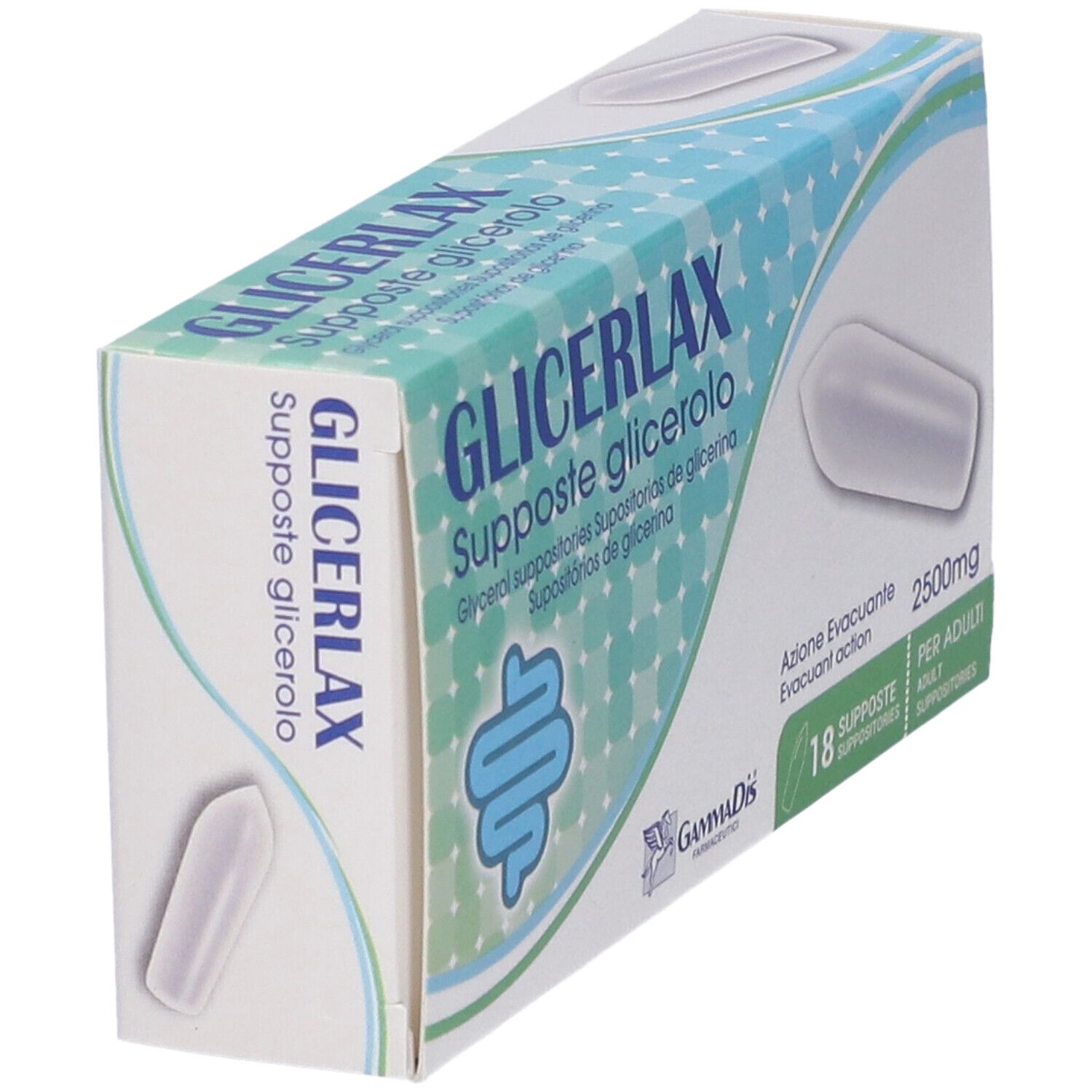Scatola di supposte GLICERLAX in diagonale. Supposta singola visibile. Scritte in italiano. 18 supposte, 2500mg.