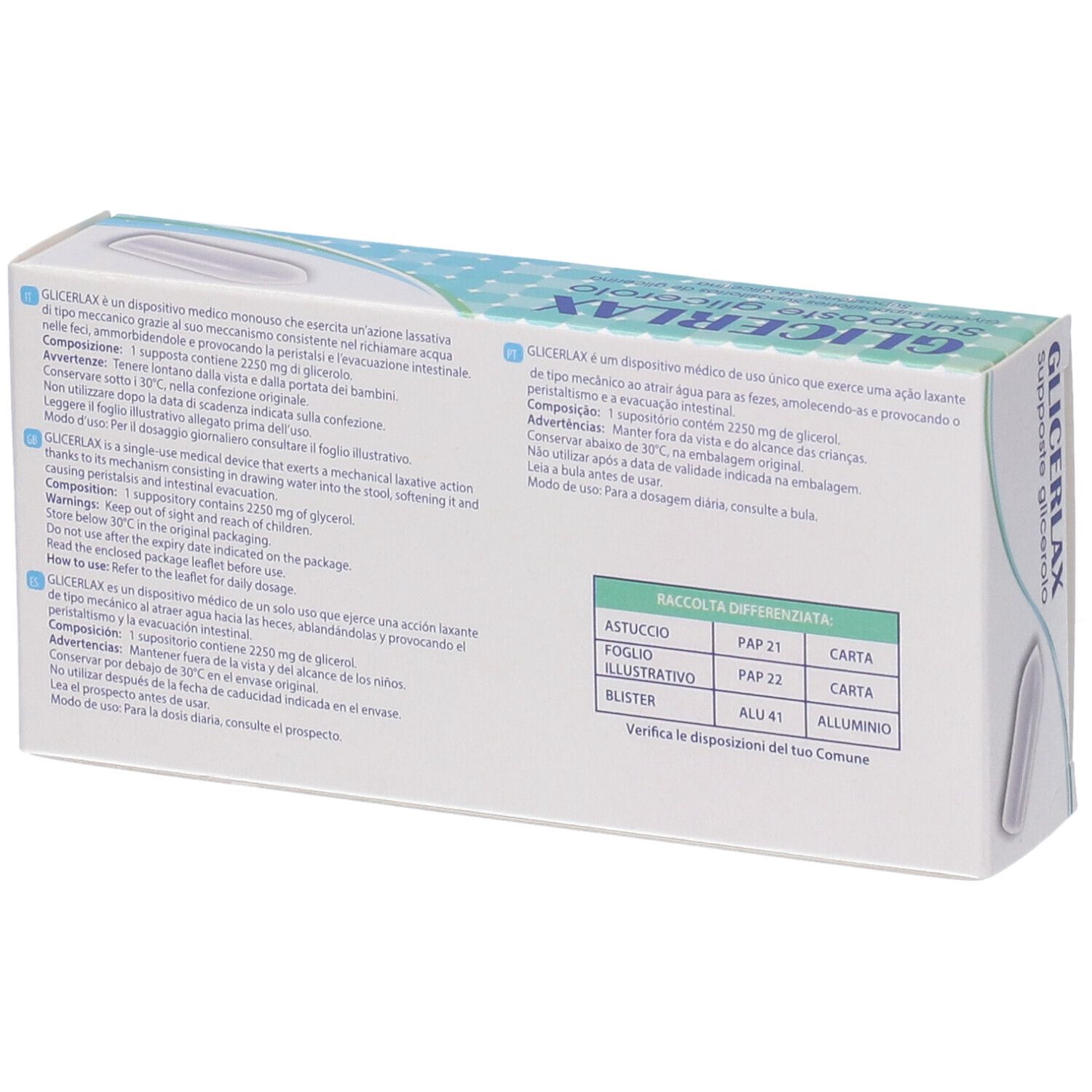 Retro della scatola di supposte GLICERLAX. Testo in italiano. Informazioni sullo smaltimento.