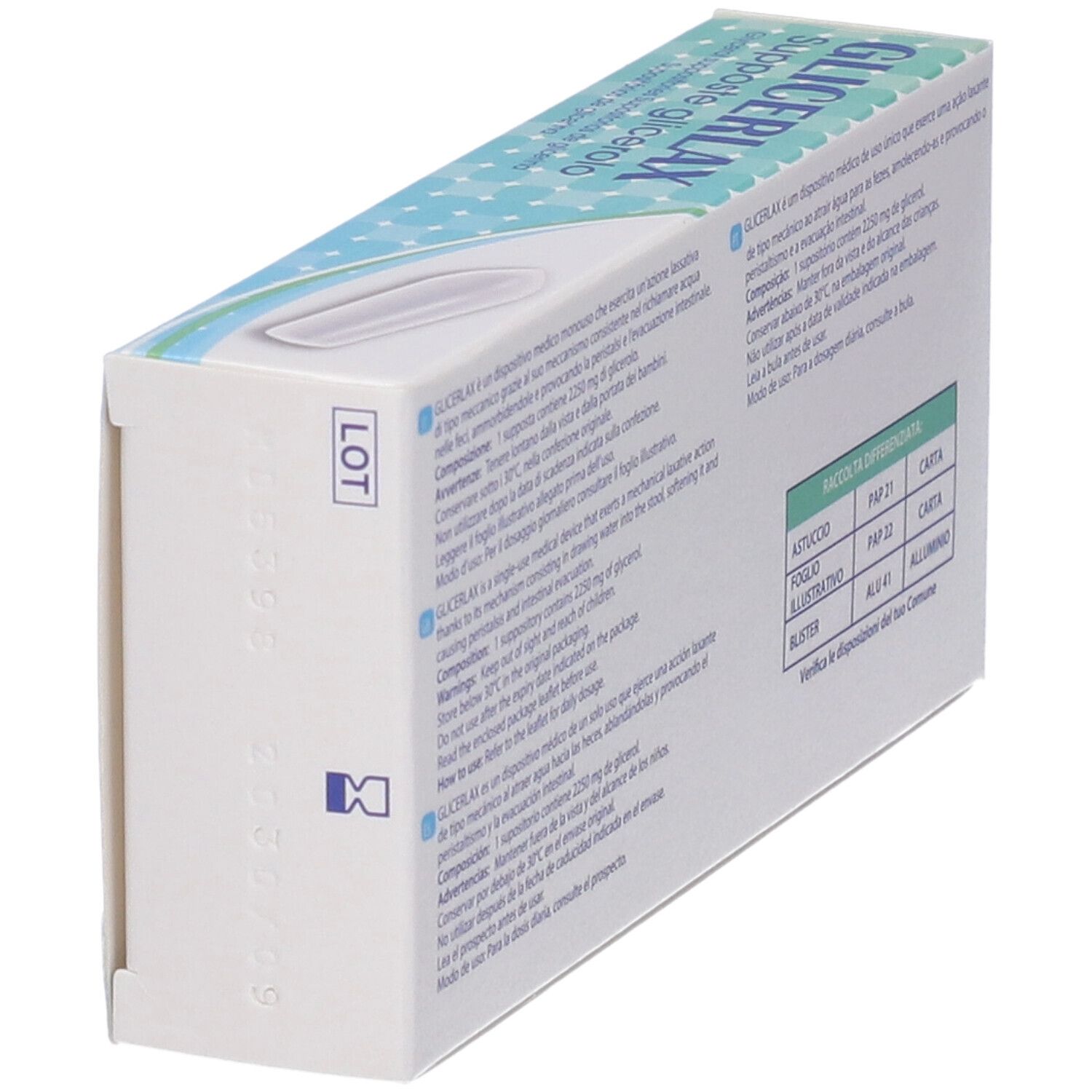 Lato della scatola di supposte GLICERLAX. Testo in italiano. Numero di lotto e logo del produttore.