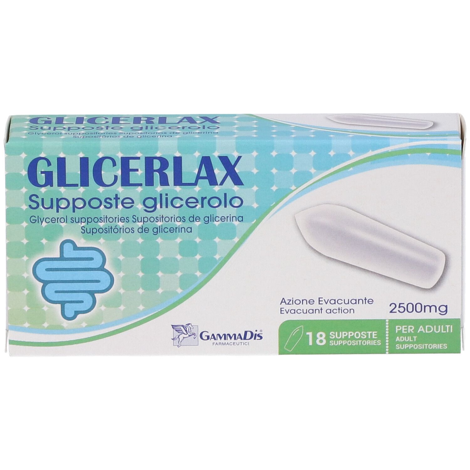 Scatola di supposte GLICERLAX. 18 supposte, 2500mg. Scritte in italiano. Supposta singola visibile.