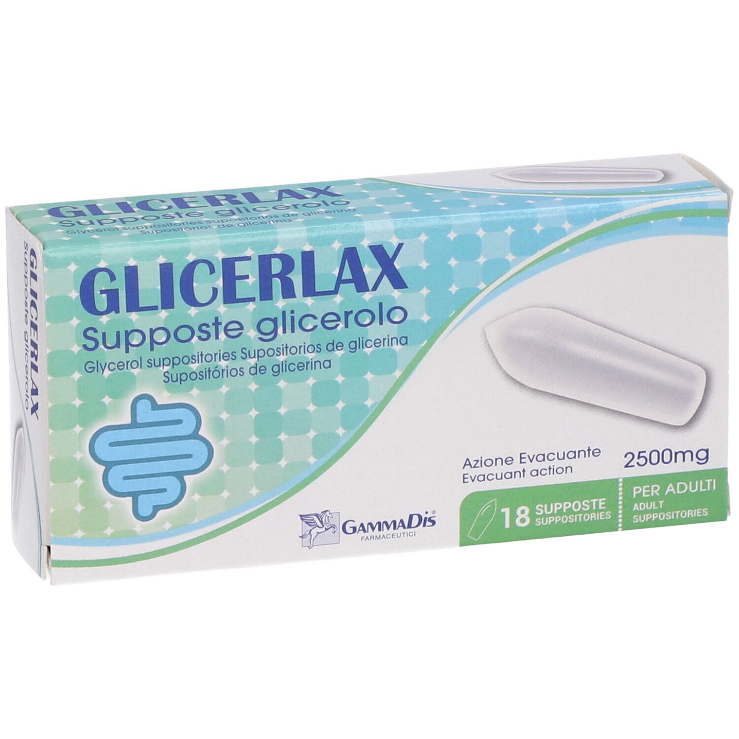 Scatola di supposte GLICERLAX. 18 supposte, 2500mg. Scritte in italiano. Supposta singola visibile.