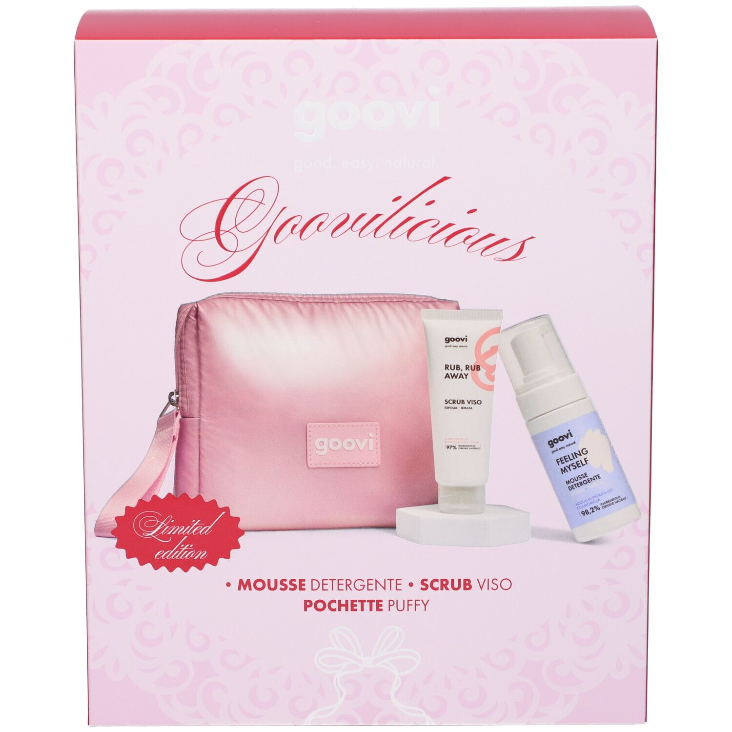 Goovi Cofanetto Regalo Natale Detersione Scrub Viso + Mousse Detergente + Pochette Omaggio