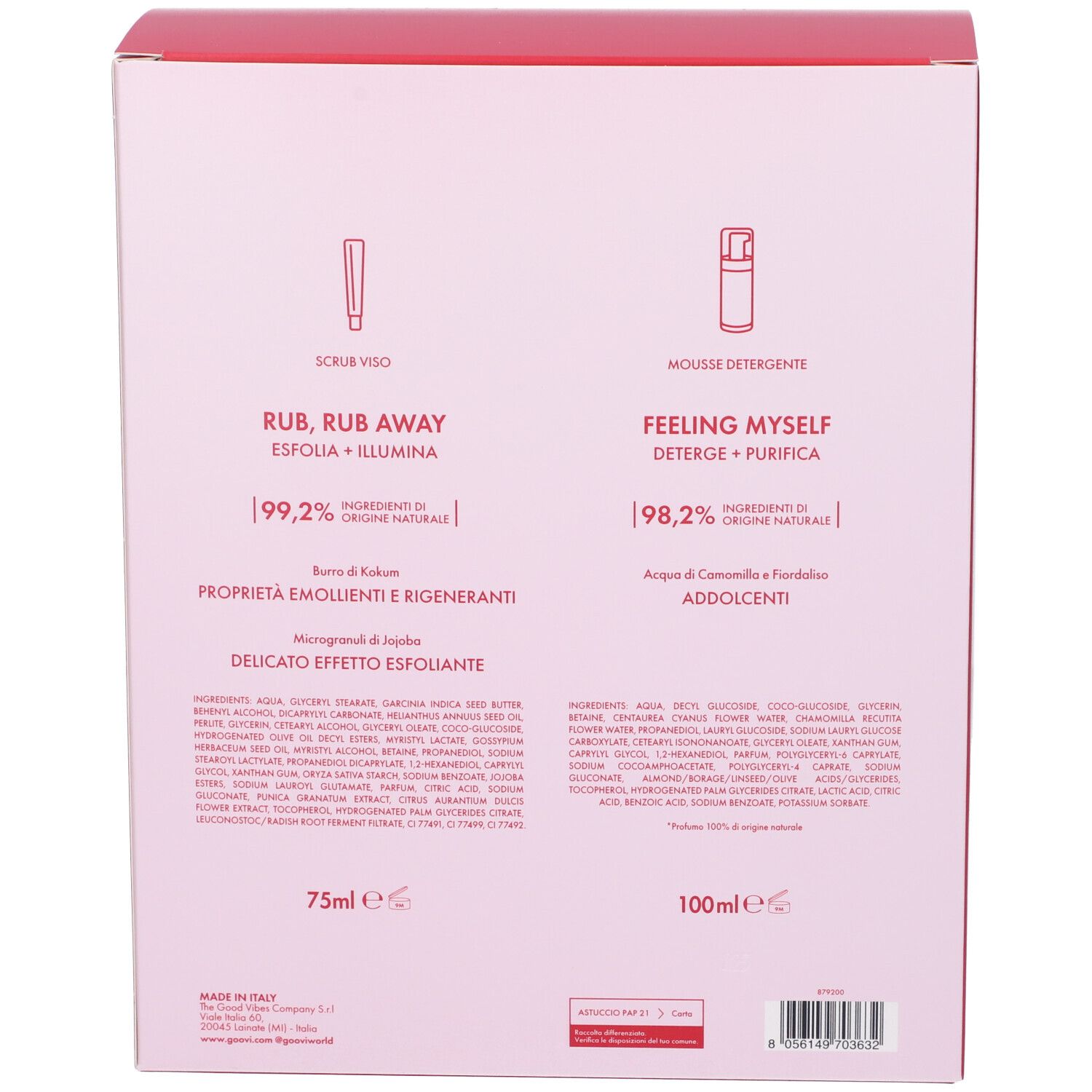 Retro della confezione regalo con informazioni sul prodotto. Scritte: Scrub Viso, Mousse Detergente, ingredienti, 75ml, 100ml.