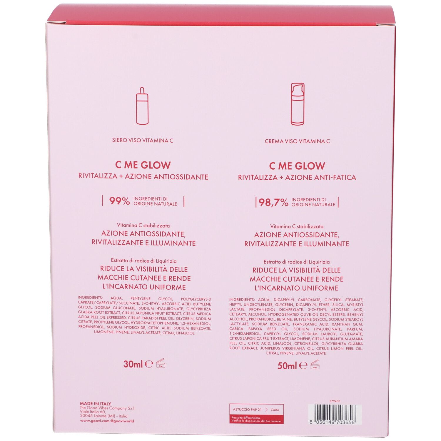 Retro della confezione con informazioni sul prodotto. Due illustrazioni, testo e ingredienti.