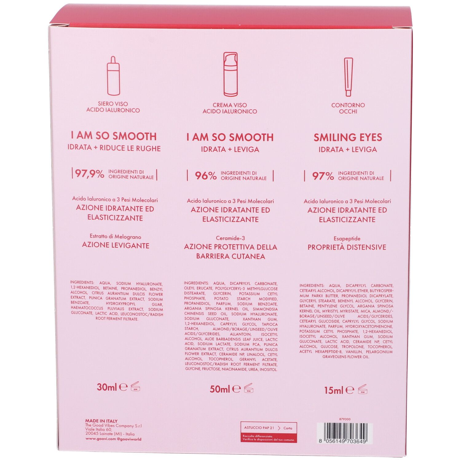 Retro della confezione regalo con informazioni sui prodotti. Contiene siero, crema e contorno occhi. Testo: I AM SO SMOOTH, Smiling Eyes, 97,9%, 96%.