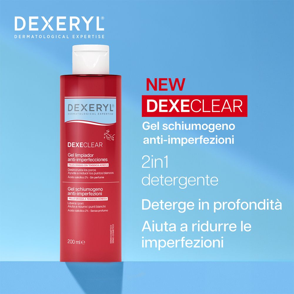 Flacone rosso con tappo bianco. Scritta: DEXERYL, DEXECLEAR, Gel schiumogeno anti-imperfezioni. Testo su sfondo blu.