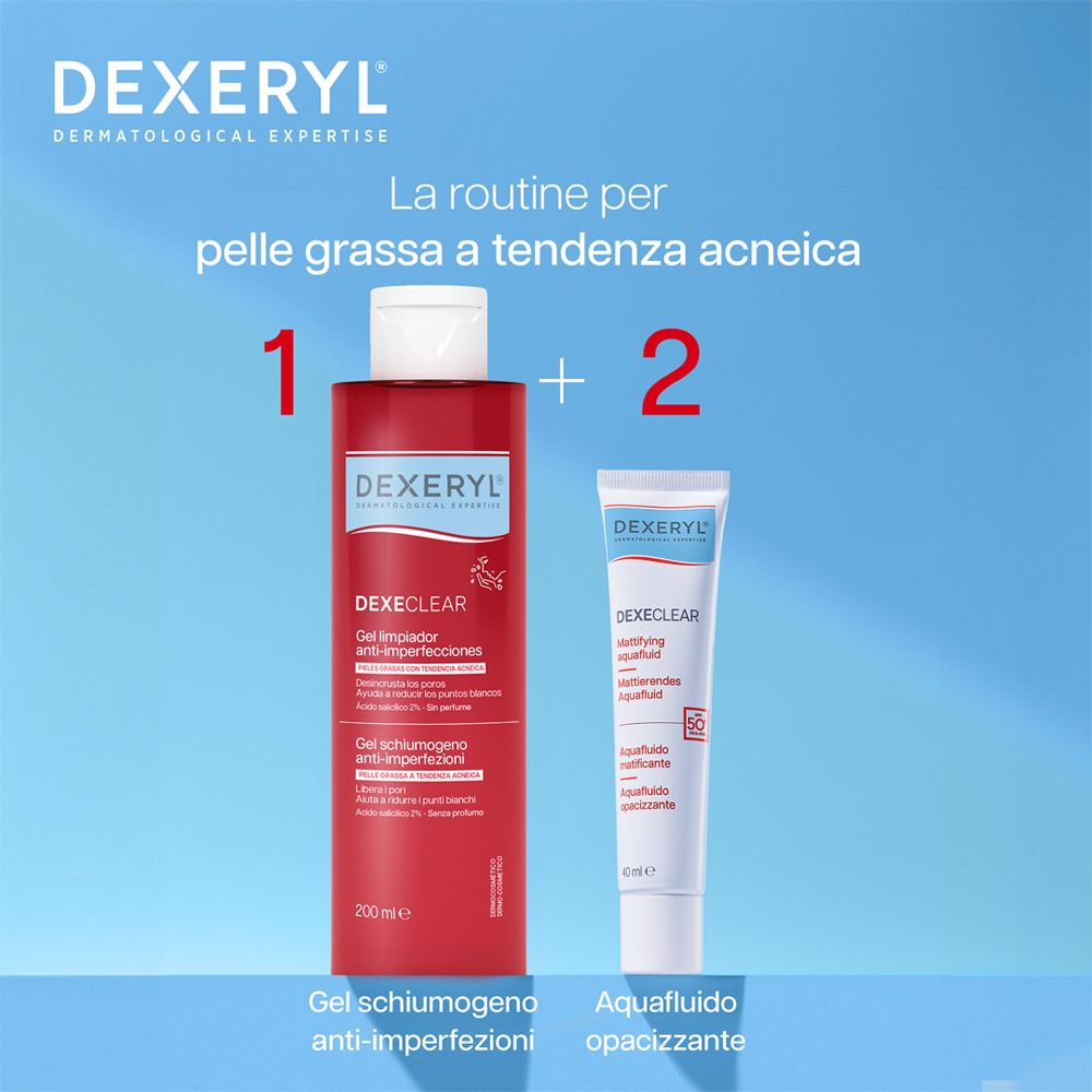 Due prodotti: Flacone rosso e tubo. Testo: La routine per pelle grassa a tendenza acneica.