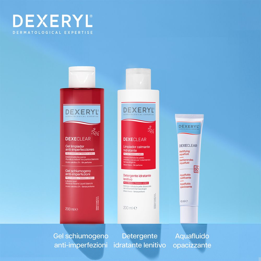 Tre prodotti: Flacone rosso, flacone bianco e tubo. Testo: Gel schiumogeno anti-imperfezioni, Detergente idratante lenitivo, Aquaflluido opacizzante.