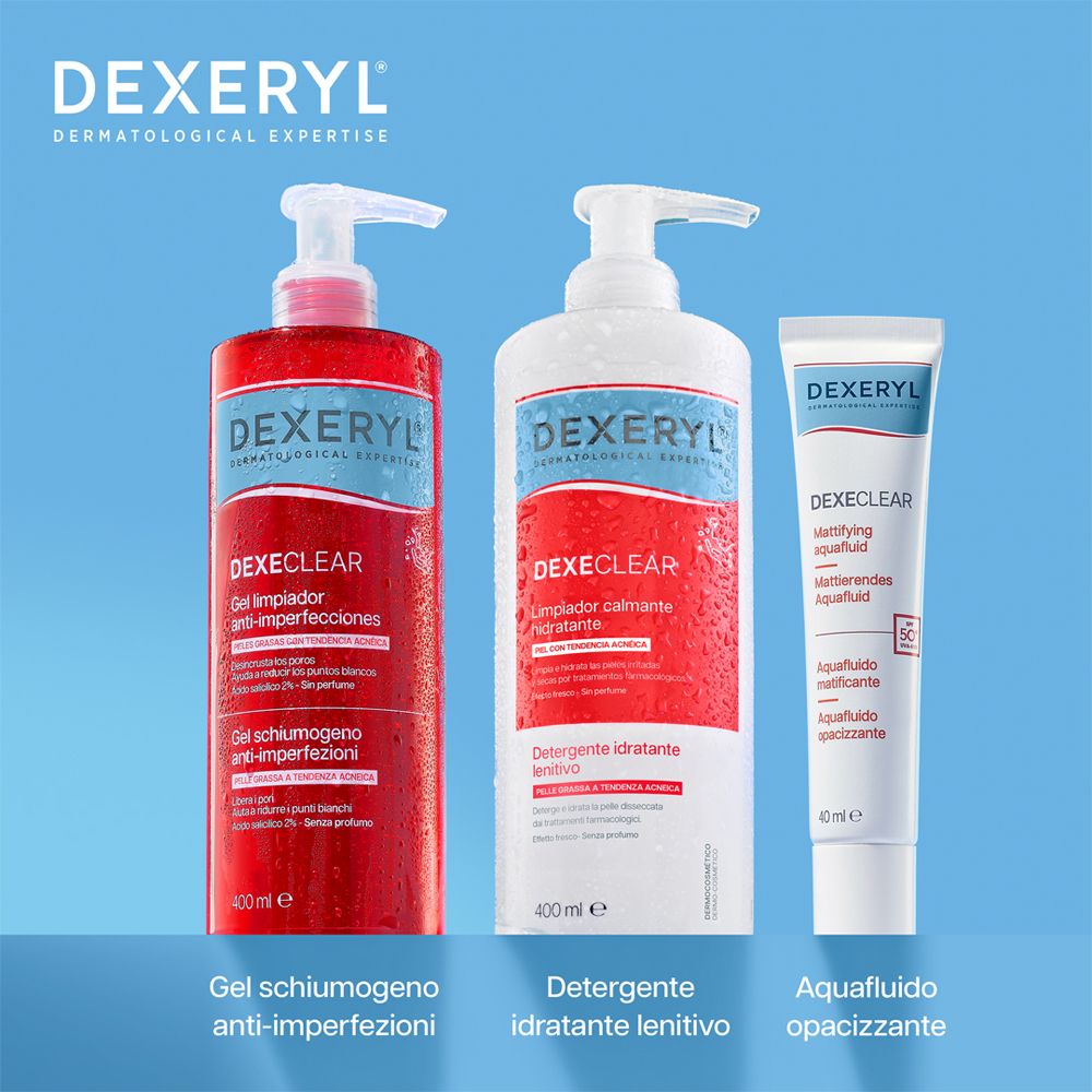 Tre prodotti: Flacone rosso, flacone bianco e tubo. Scritta: DEXERYL, DEXECLAR. Gel, Detergente, Aquaflluido.