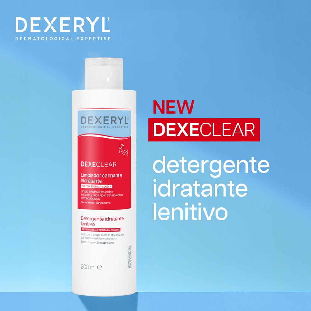 Flacone con etichetta rossa. Dexeryl DexeClear Detergente Idratante Lenitivo. Scritta NEW. Sfondo blu.
