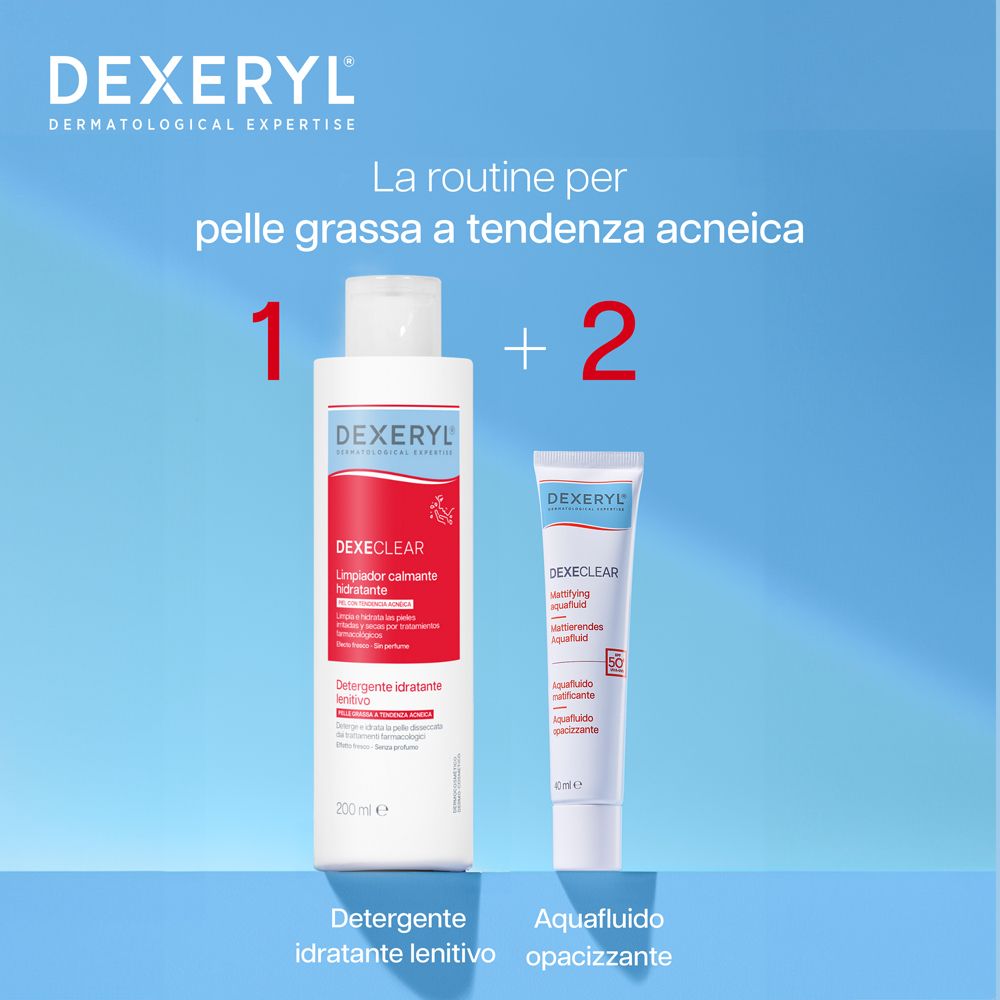 Due prodotti: Dexeryl DexeClear Detergente Idratante Lenitivo e Aquaflo. Sfondo blu.