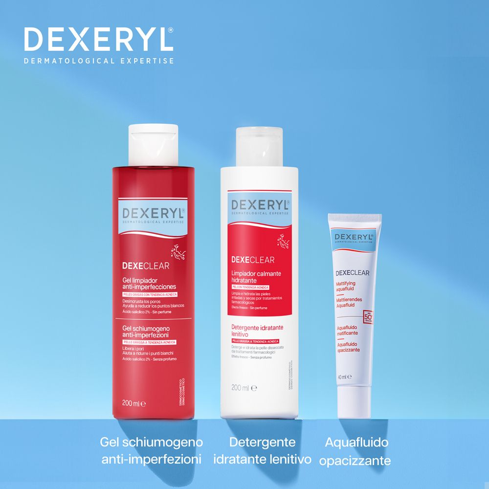 Tre prodotti: Gel schiumogeno anti-imperfezioni, Dexeryl DexeClear Detergente, Aquaflo opacizzante. Sfondo blu.