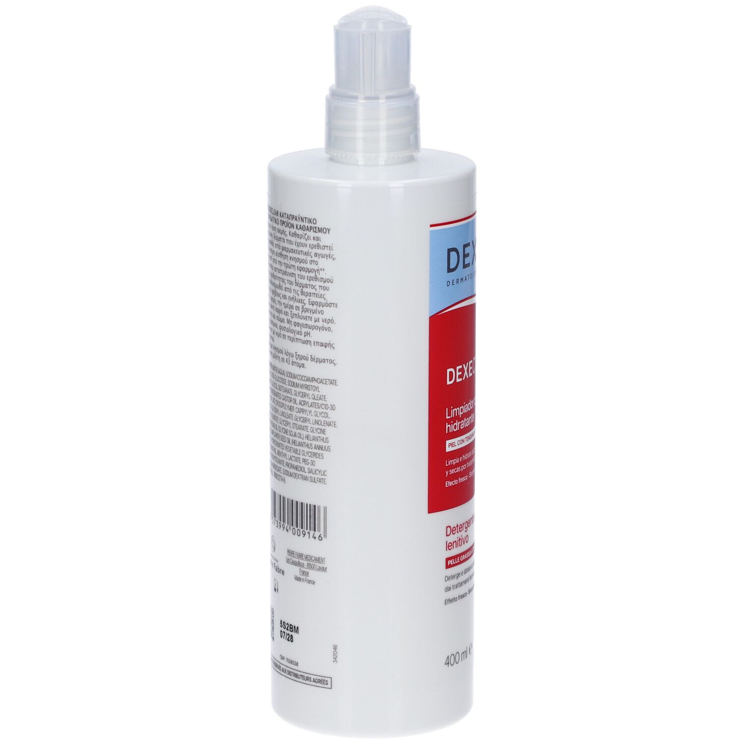 Flacone bianco con dosatore. Retro con testo. Scritta: DexeClear, Detergente Idratante. Volume: 400 ml.