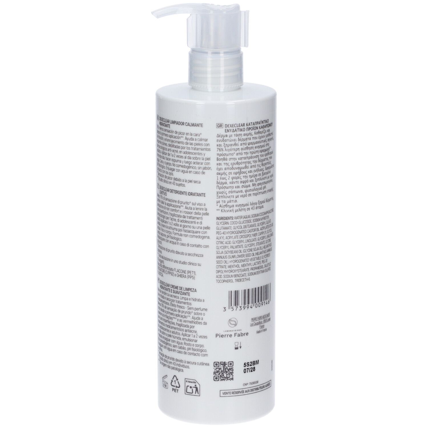 Flacone bianco con dosatore. Retro con testo. Scritta: DexeClear, Detergente Idratante. Volume: 400 ml.
