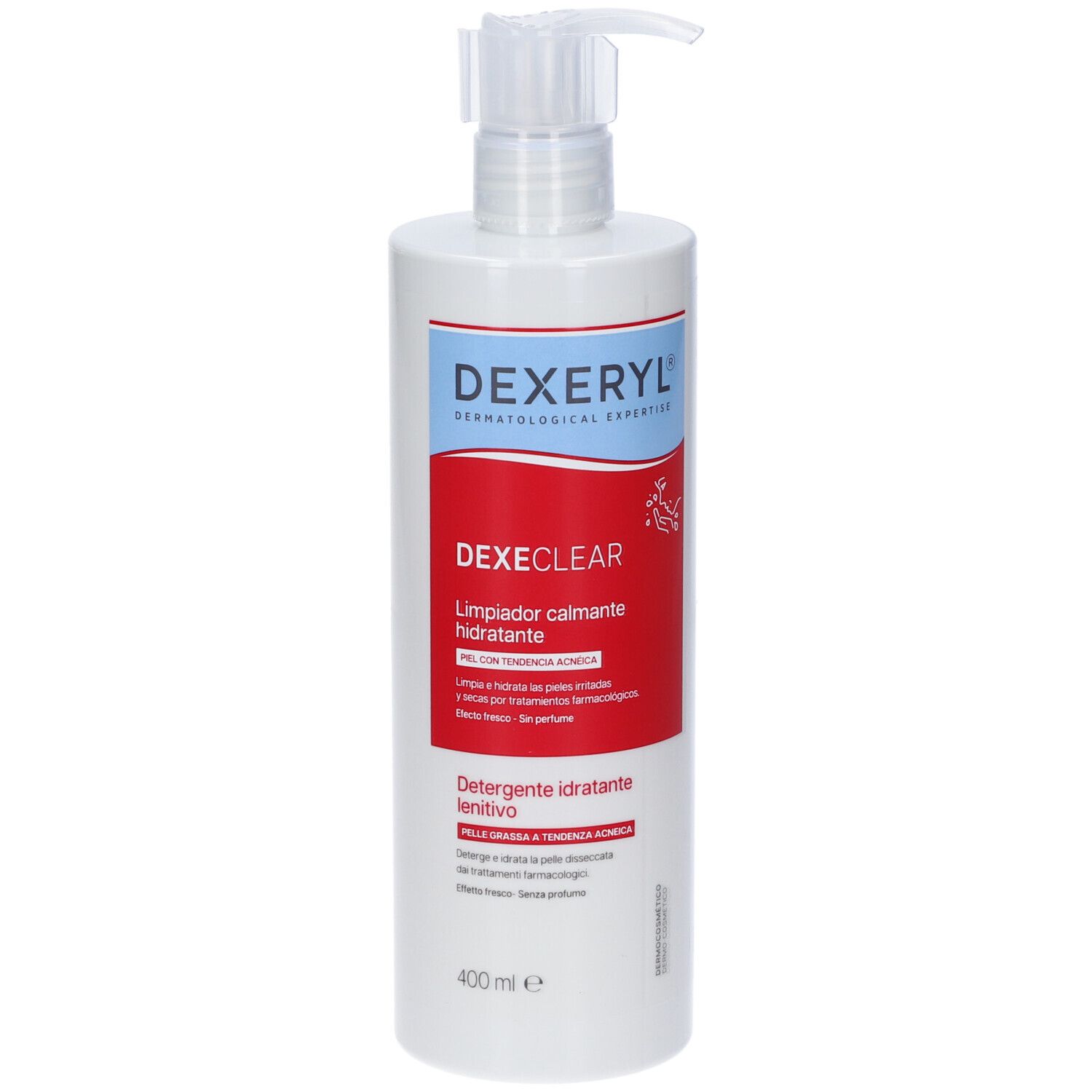 Flacone bianco con dosatore. Etichetta rossa con testo: DexeClear, Detergente Idratante. Scritta blu: Dexeryl.