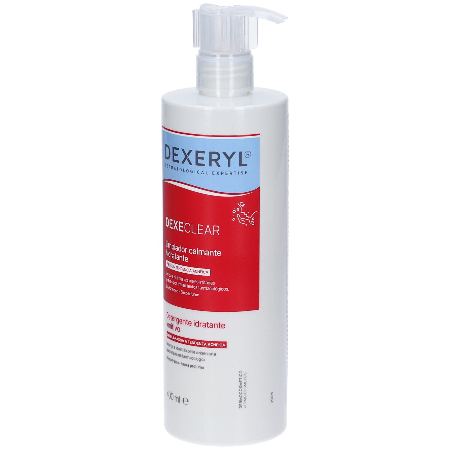 Flacone bianco con dosatore. Etichetta rossa con testo: DexeClear, Detergente Idratante. Scritta blu: Dexeryl.