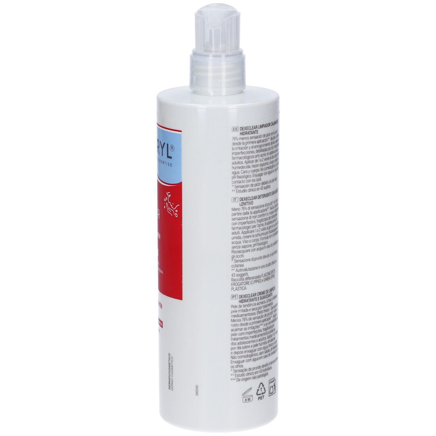Flacone bianco con dosatore. Retro con testo. Scritta: DexeClear, Detergente Idratante. Volume: 400 ml.