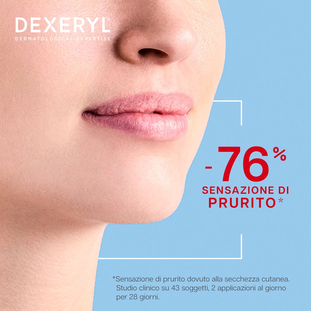 Primo piano delle labbra. Testo: -76% Sensazione di prurito. Sfondo blu.