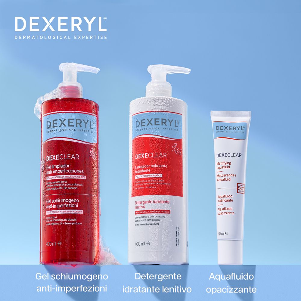 Tre prodotti: Gel schiumogeno anti-imperfezioni, Detergente idratante lenitivo, Aquaflluido opacizzante. Sfondo blu.