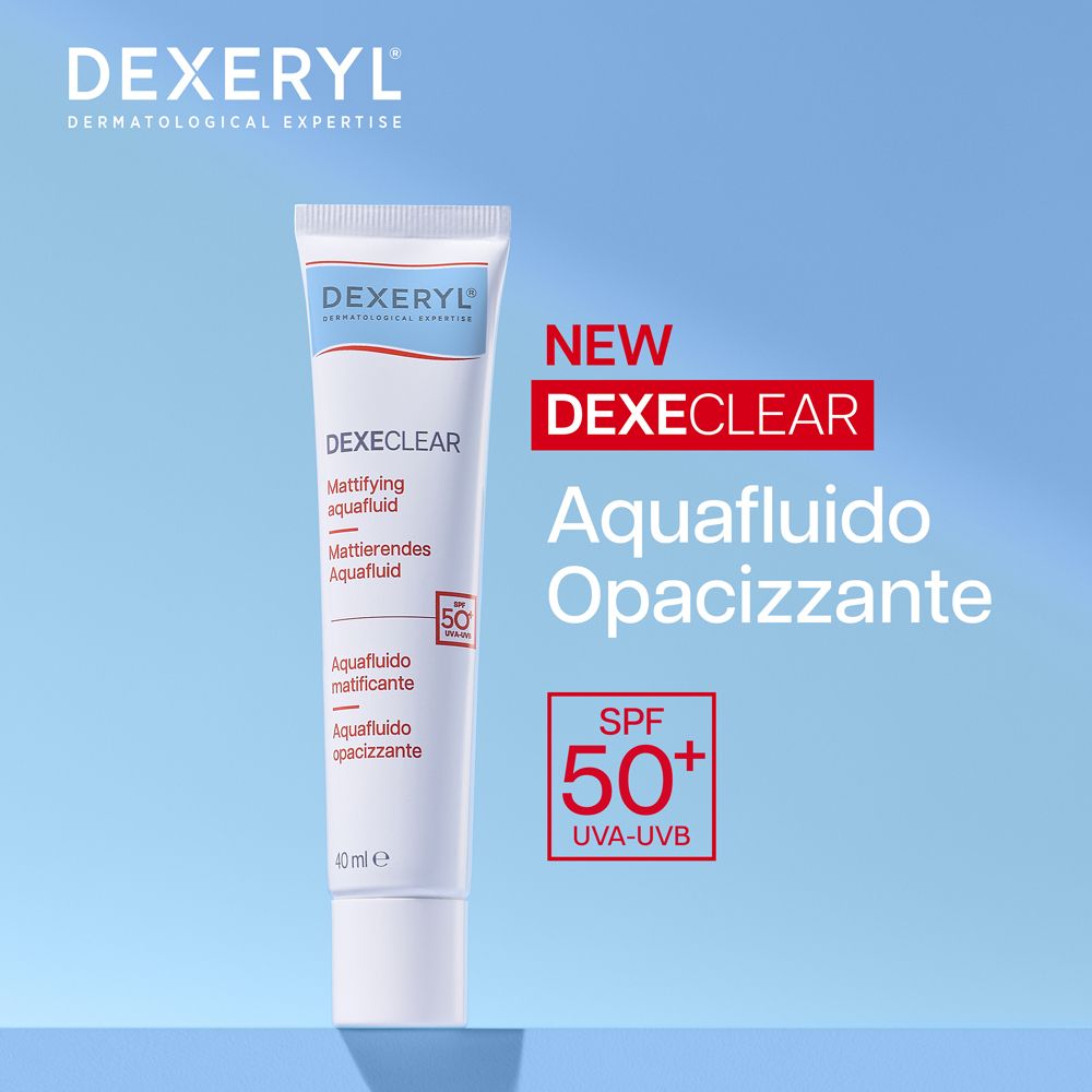 Tubo prodotto su sfondo blu. Testo: NEW DexeClear Aquafluido Opacizzante. SPF50+ UVA-UVB.