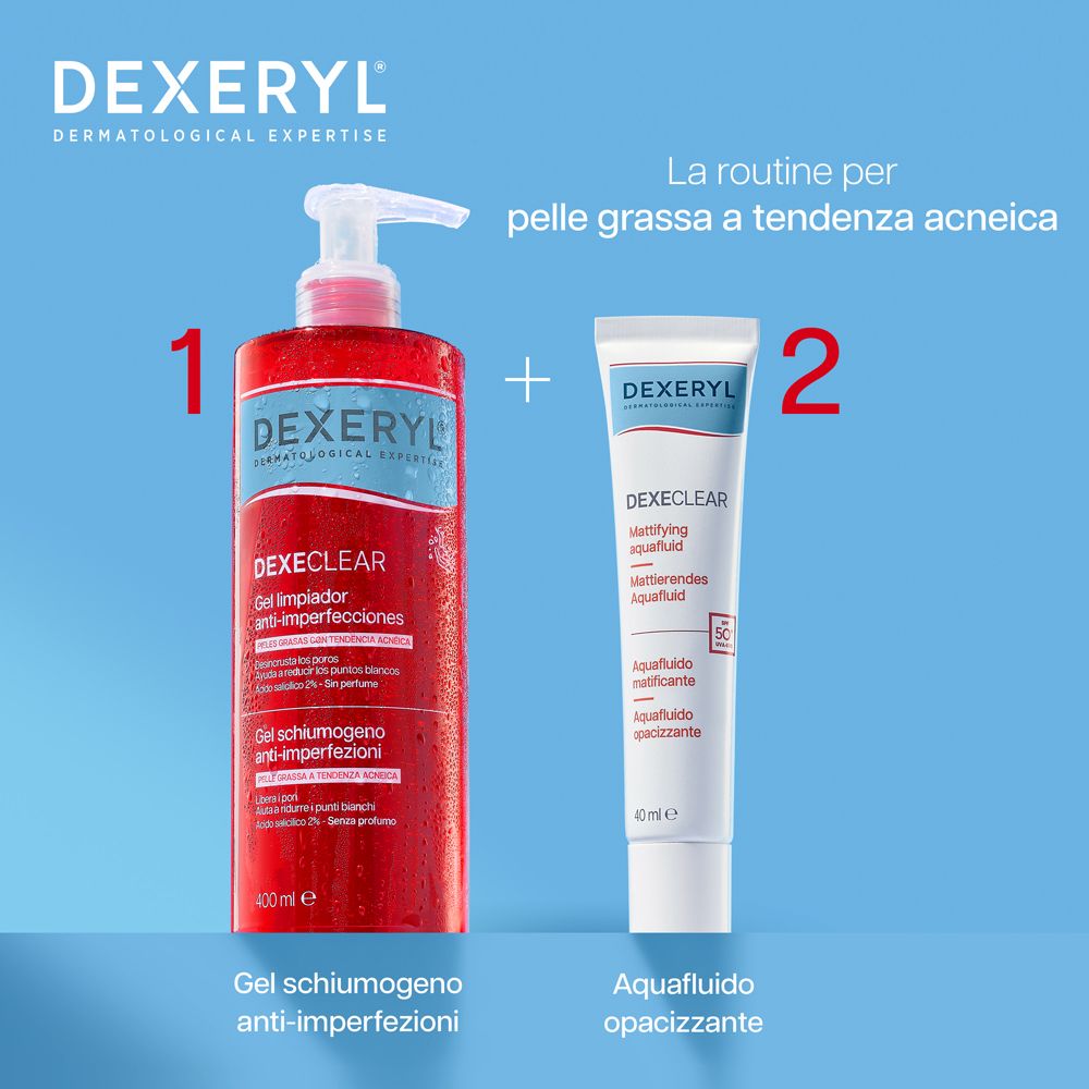 Due prodotti: Gel schiumogeno anti-imperfezioni e DexeClear Aquafluido Opacizzante.