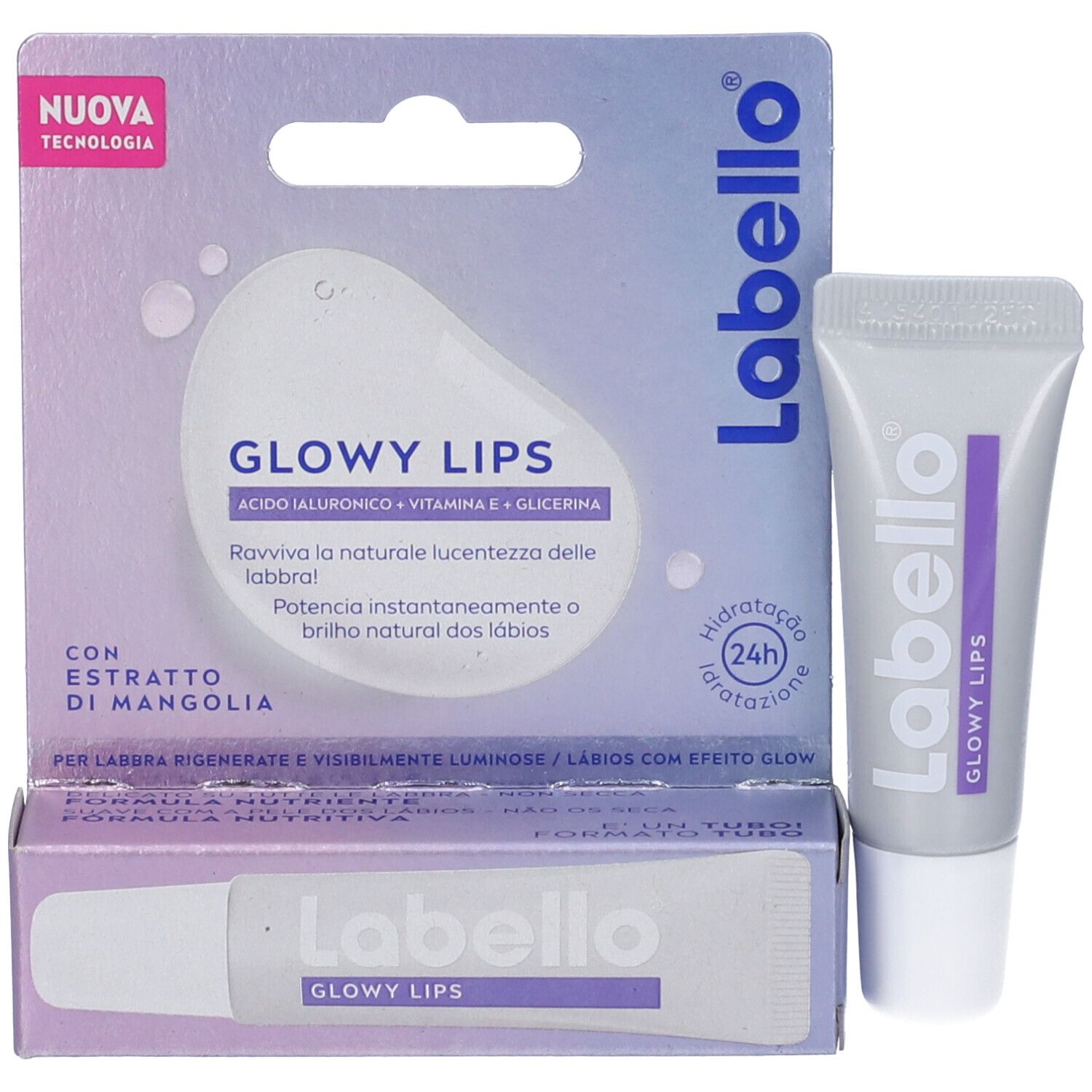 Confezione del prodotto con tubo e scatola. Scritta: Labello, Glowy Lips. Ingredienti.
