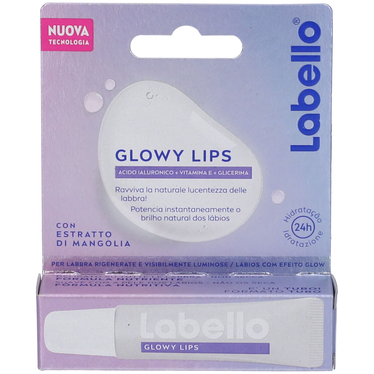 Confezione del prodotto con tubo e scatola. Scritta: Labello, Glowy Lips. Ingredienti.
