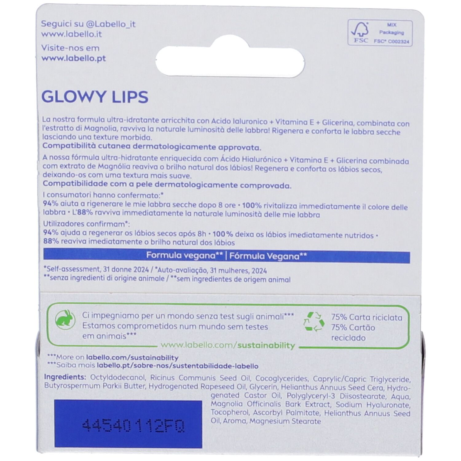 Retro della confezione del prodotto. Testo sugli ingredienti e la sostenibilità.