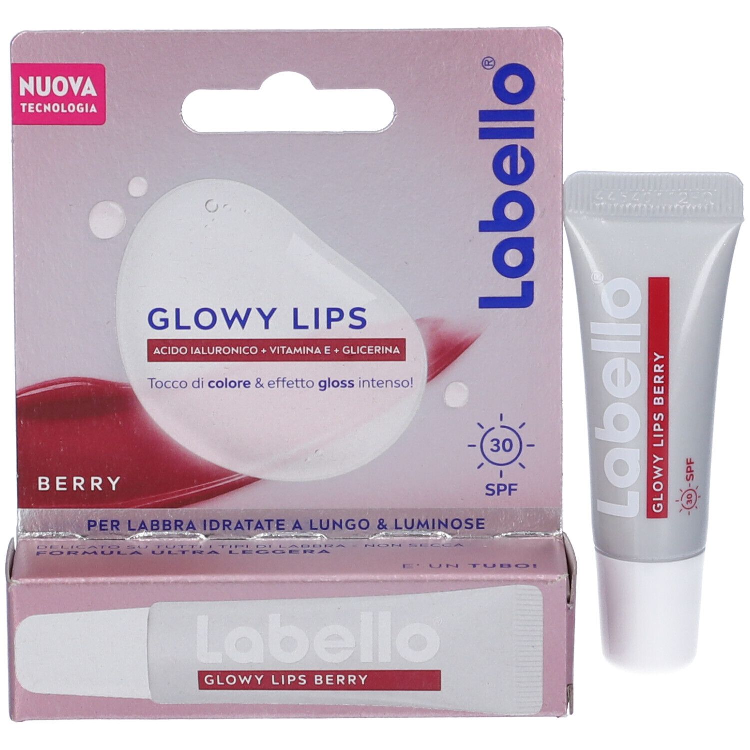 Labello Glowy Lips Berry con confezione. Tubo e confezione affiancati. SPF 30. Nome e marchio visibili.