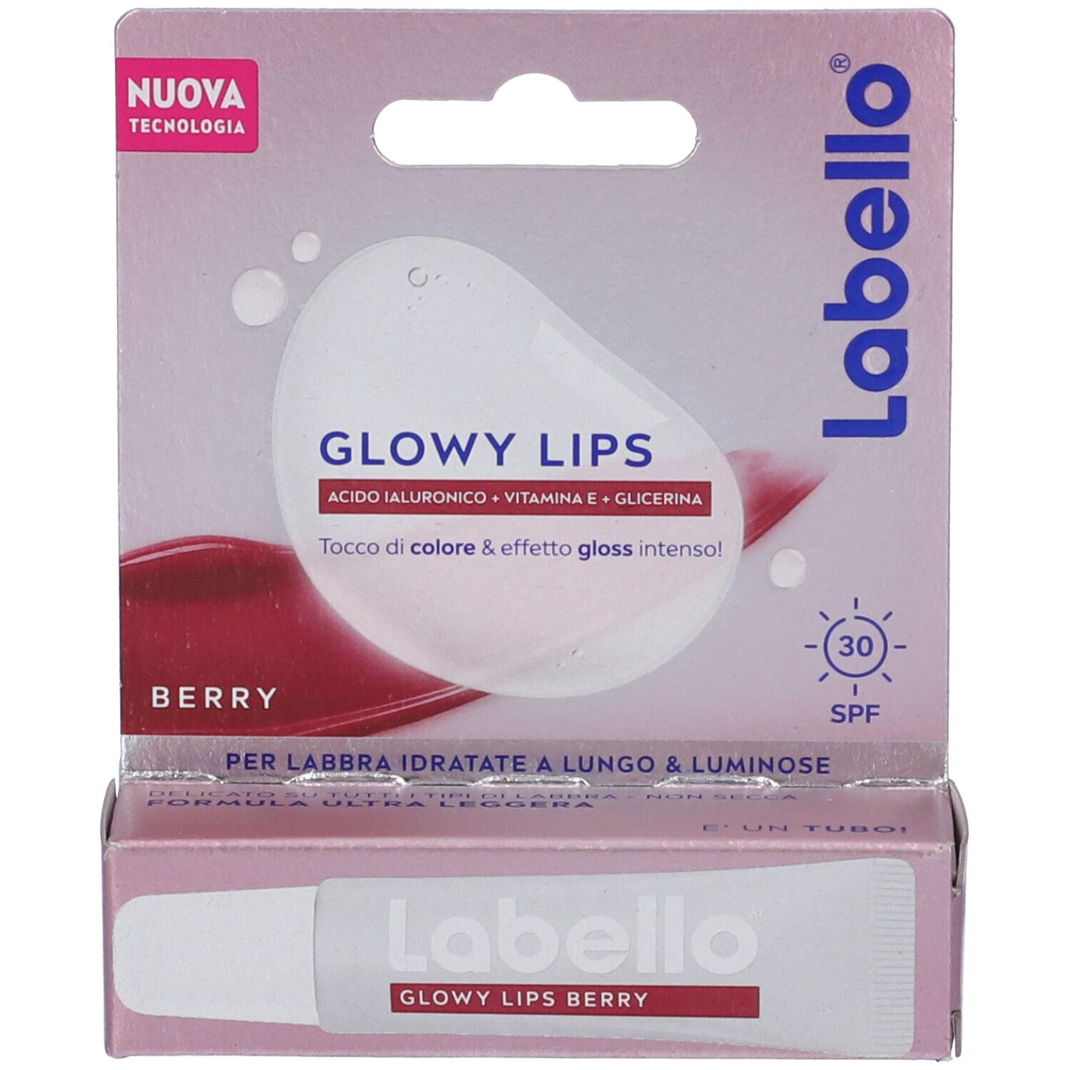 Labello Glowy Lips Berry con confezione. Confezione con nome e marchio del prodotto. SPF 30.
