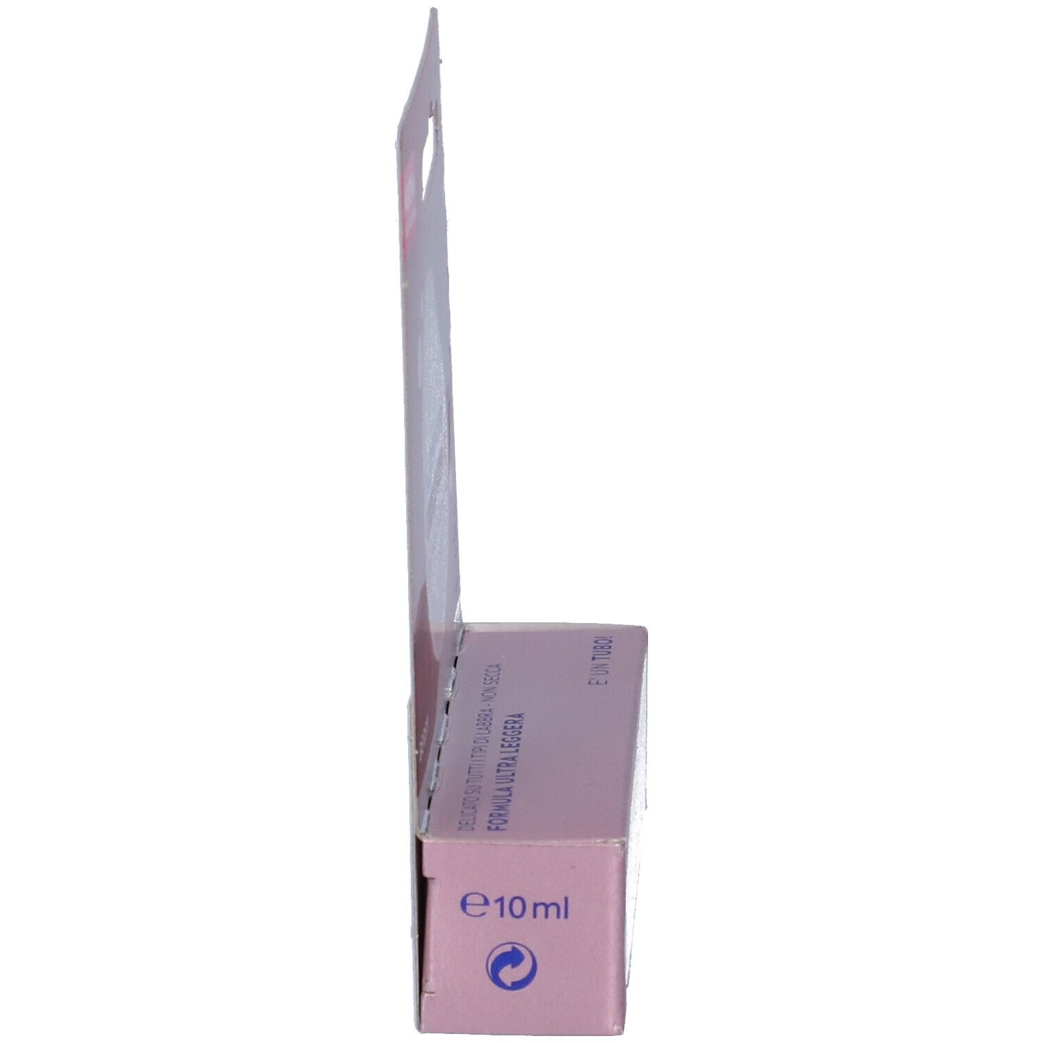 Vista laterale della confezione Labello Glowy Lips Berry. Confezione rosa con informazioni sul prodotto.