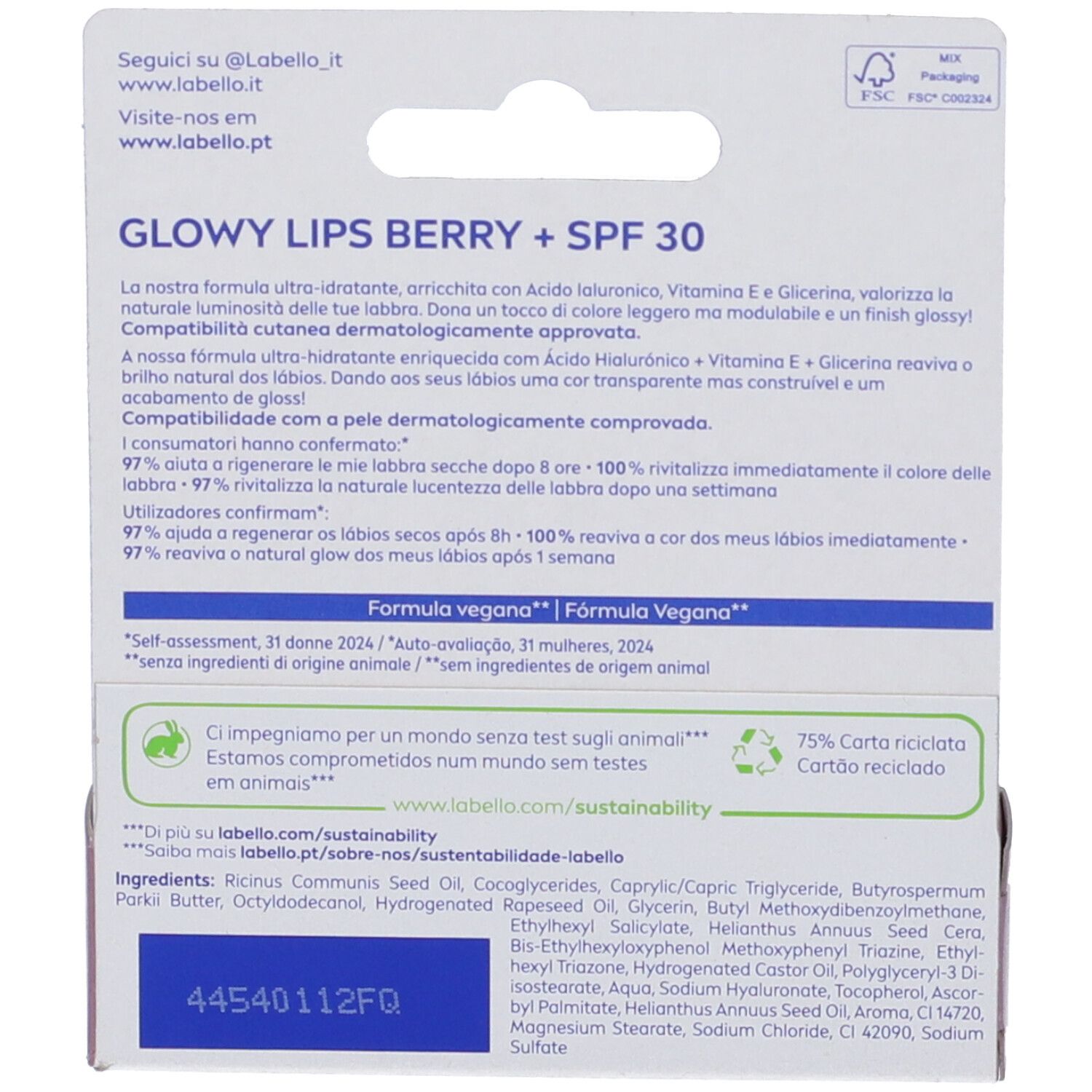 Retro della confezione Labello Glowy Lips Berry. Informazioni testuali, ingredienti, sostenibilità.