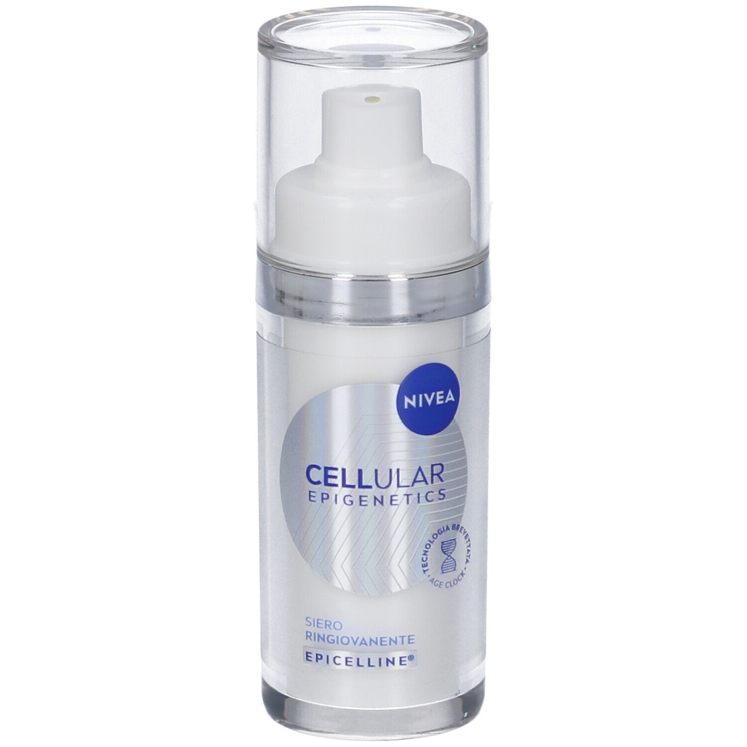 Flacone di siero bianco con logo Nivea e scritta CELLULAR EPIGENETICS. Tappo trasparente.