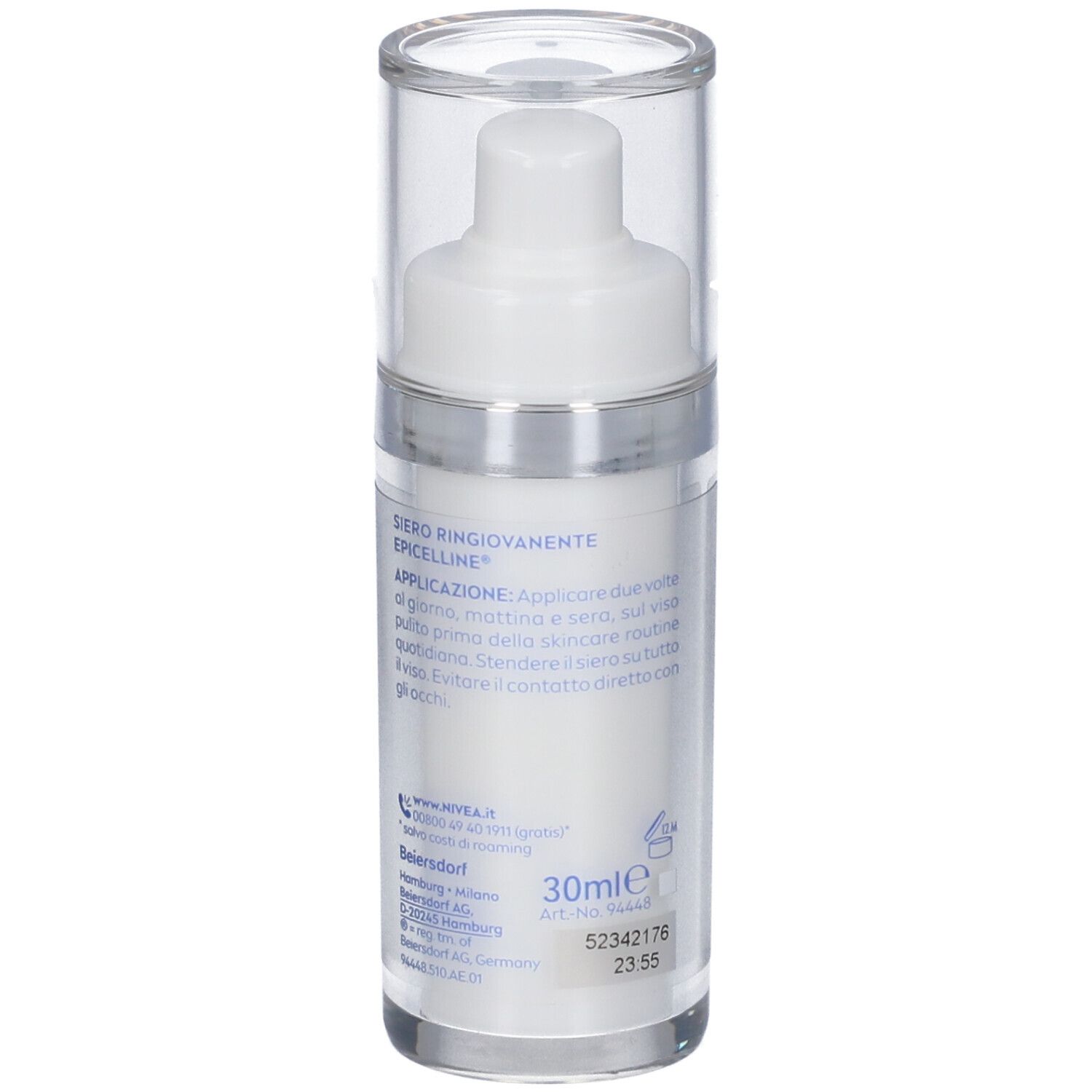 Flacone di siero bianco con logo Nivea e scritta CELLULAR EPIGENETICS. Tappo trasparente. Testo sul retro.