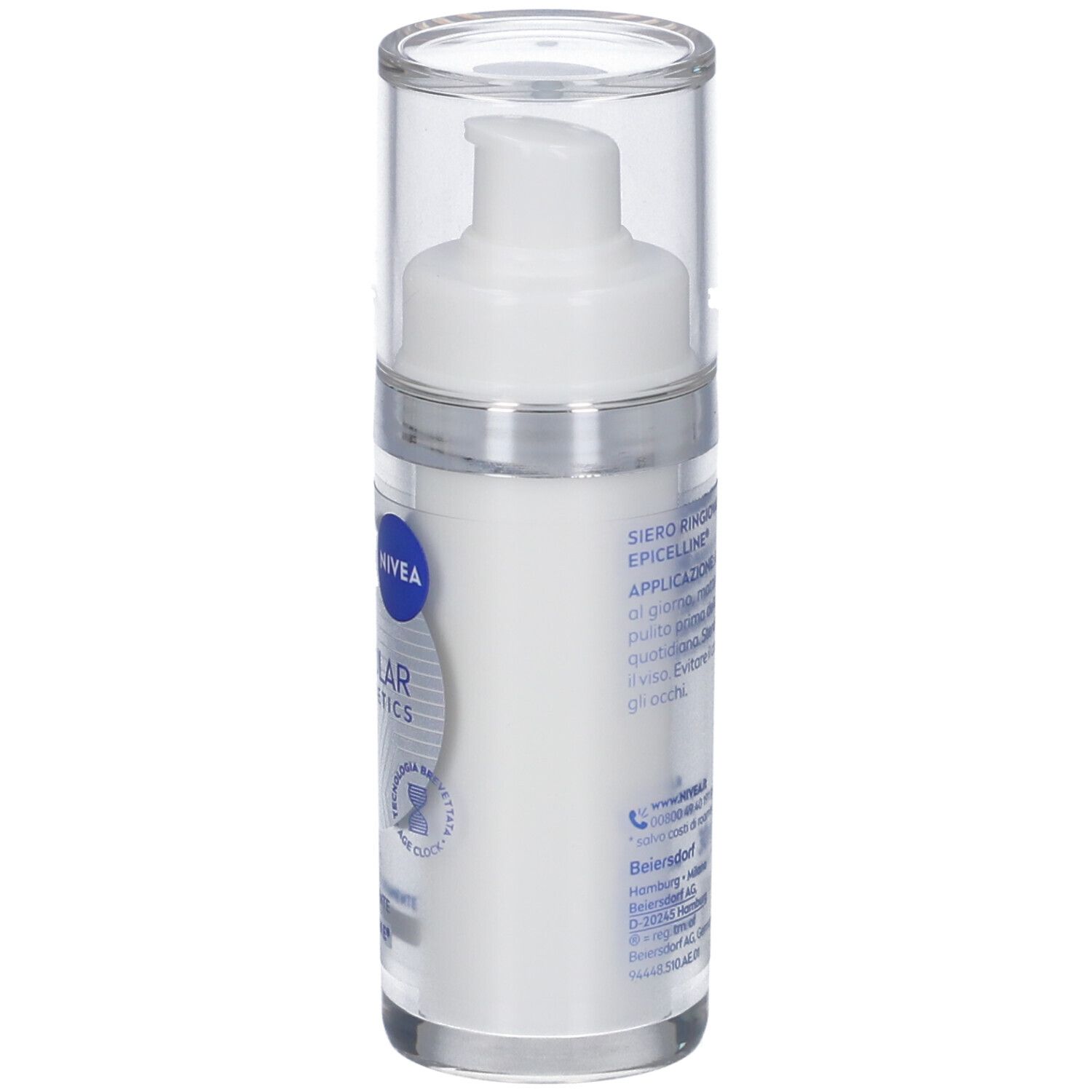 Flacone di siero bianco con logo Nivea e scritta CELLULAR EPIGENETICS. Tappo trasparente. Testo sul retro.