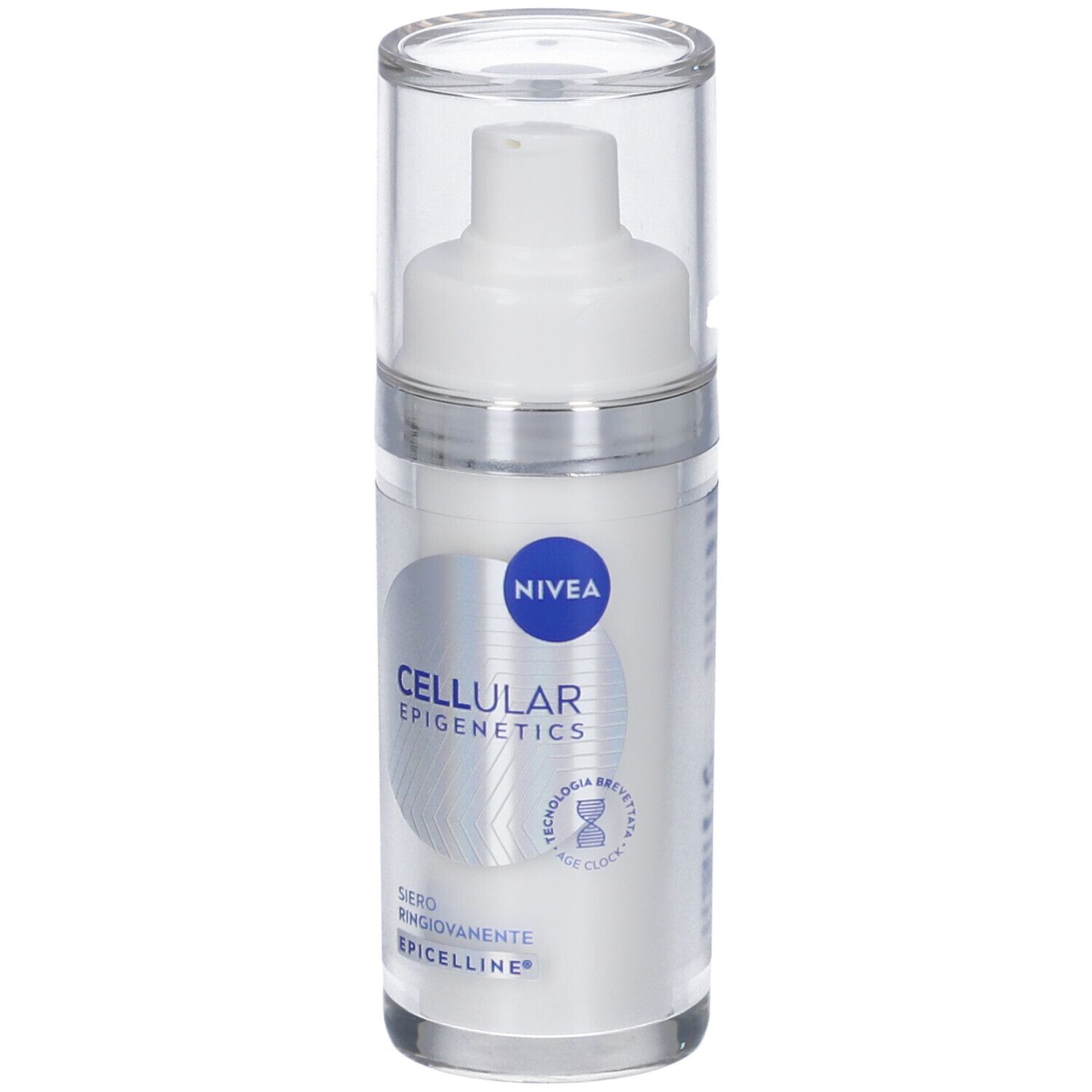 Flacone di siero bianco con logo Nivea e scritta CELLULAR EPIGENETICS. Tappo trasparente.