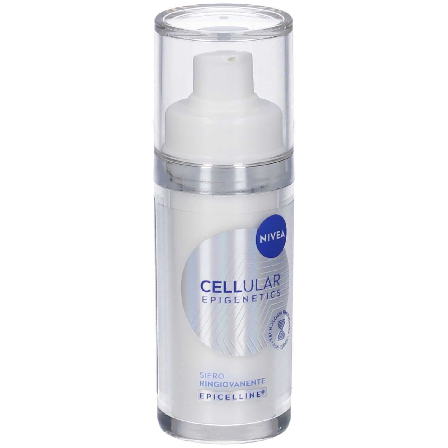 Flacone di siero bianco con logo Nivea e scritta CELLULAR EPIGENETICS. Tappo trasparente.