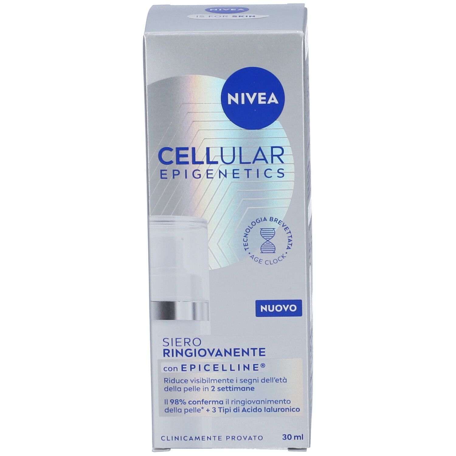 Confezione Nivea Cellular Epigenetics. Scatola argentata con immagine del prodotto e testo.