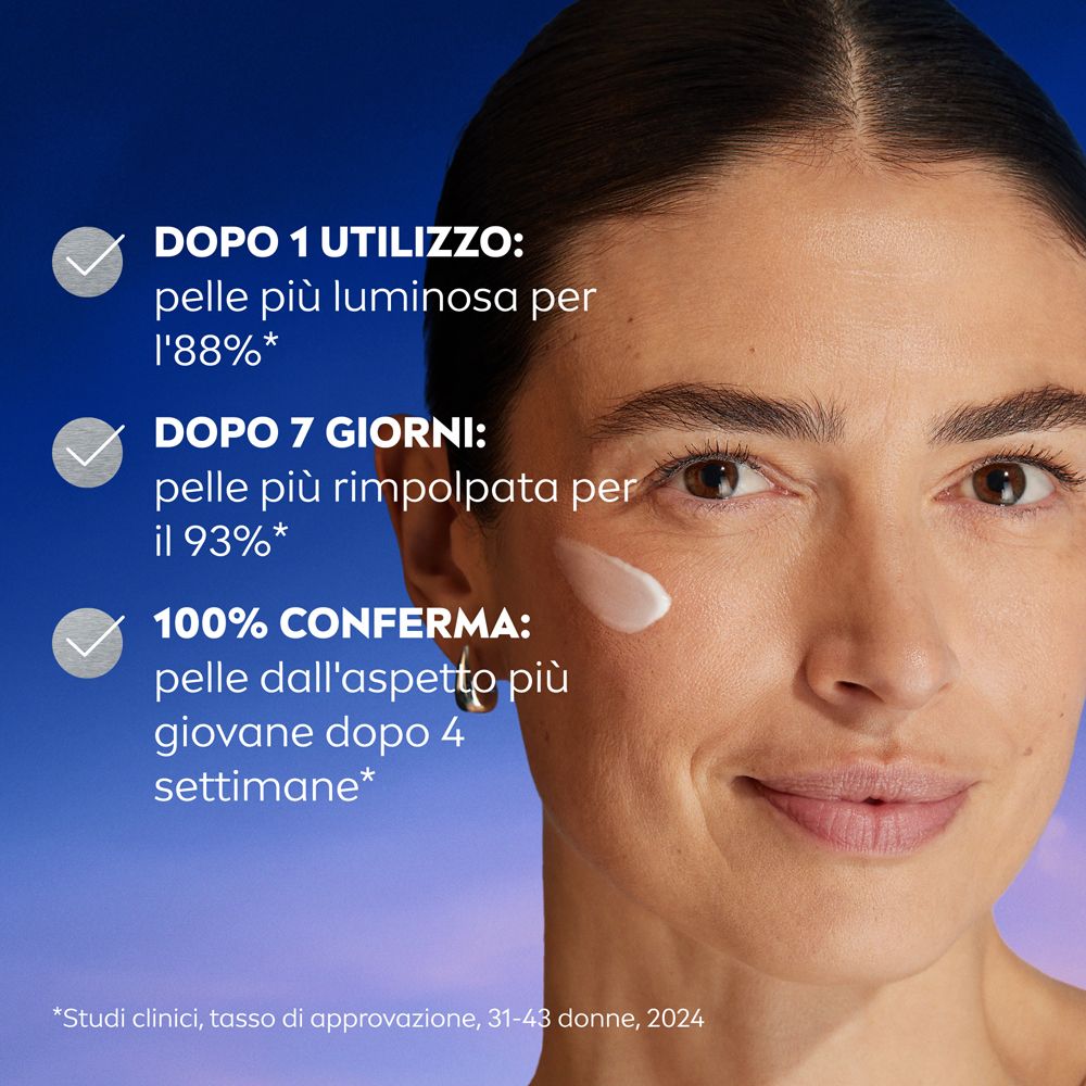 Donna con viso. Testo: Dopo 1 utilizzo: 88% pelle più luminosa. Dopo 7 giorni: 93% pelle più rimpolpata.
