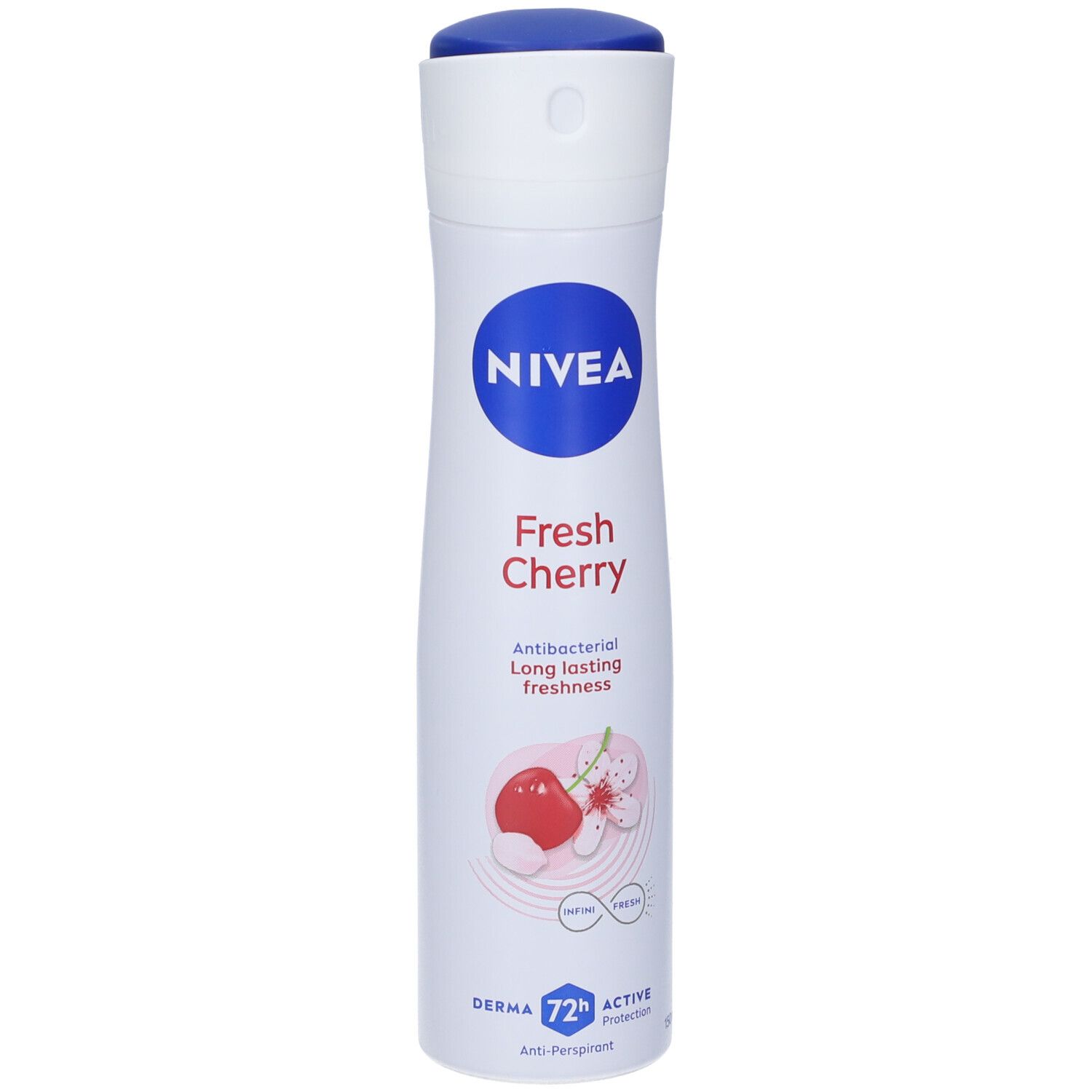 Spray deodorante bianco con tappo blu. Logo NIVEA e scritta "Fresh Cherry". Illustrazione di ciliegie.