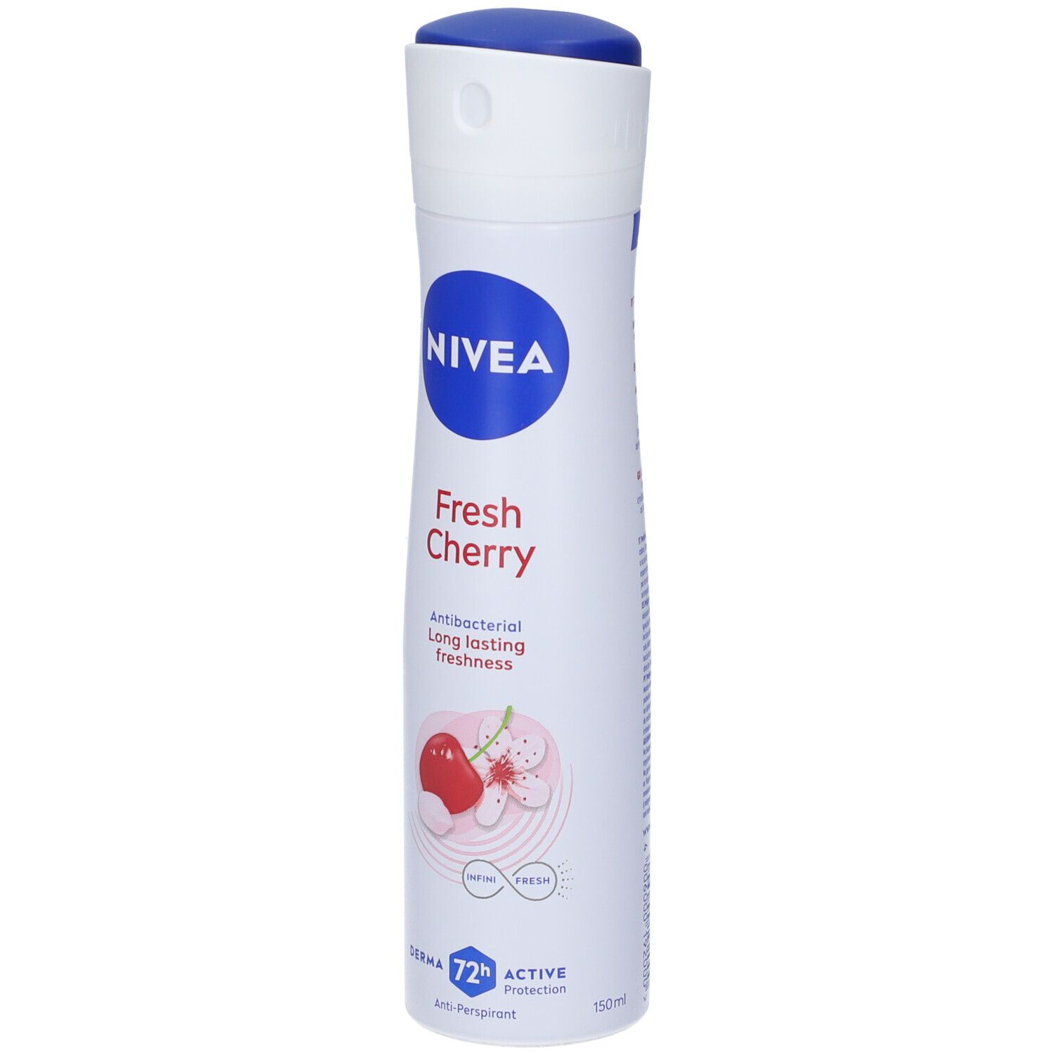 Spray deodorante bianco con tappo blu. Logo NIVEA e scritta "Fresh Cherry". Illustrazione di ciliegie.