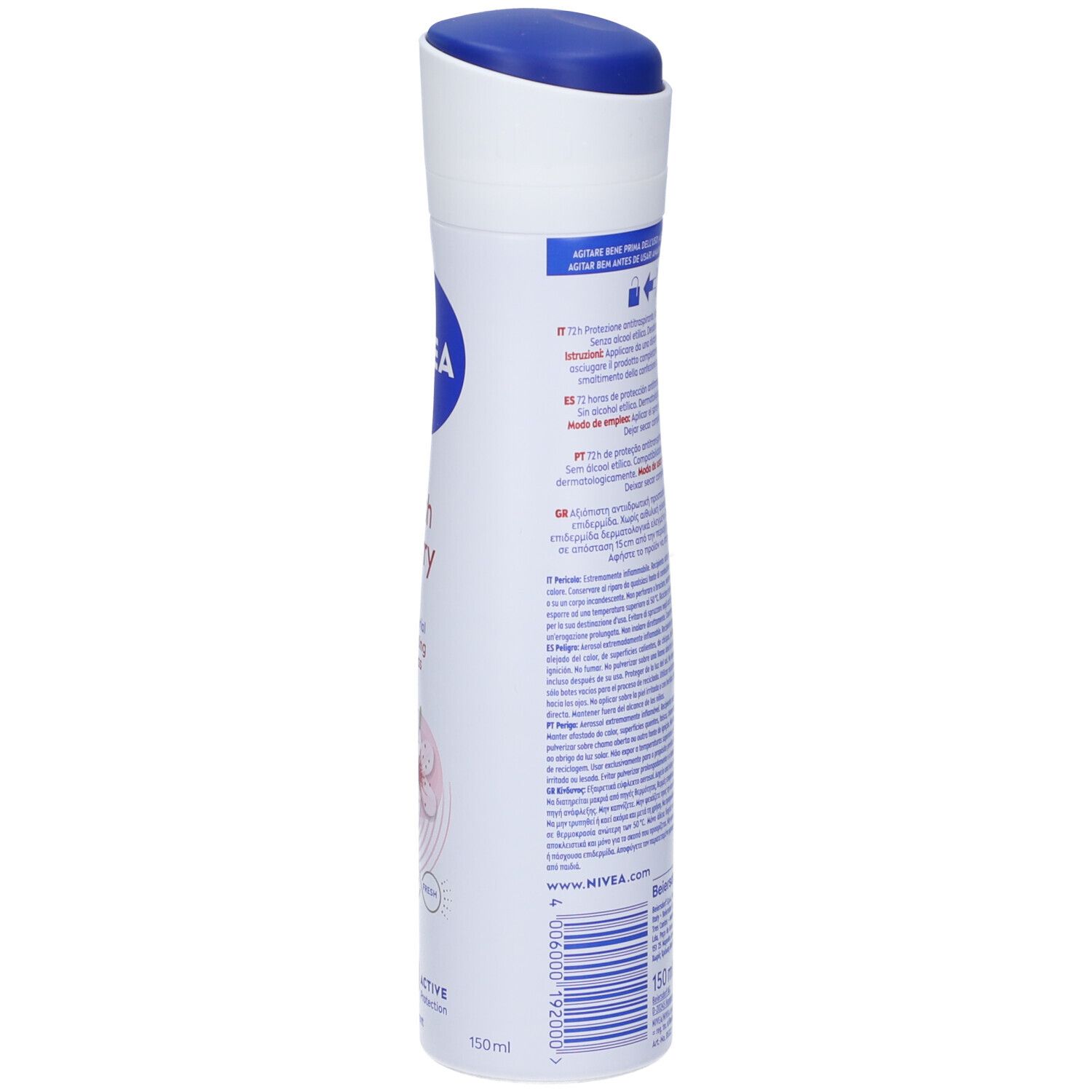 Retro dello spray deodorante bianco. Testo multilingue. Tappo blu. Volume: 150 ml.