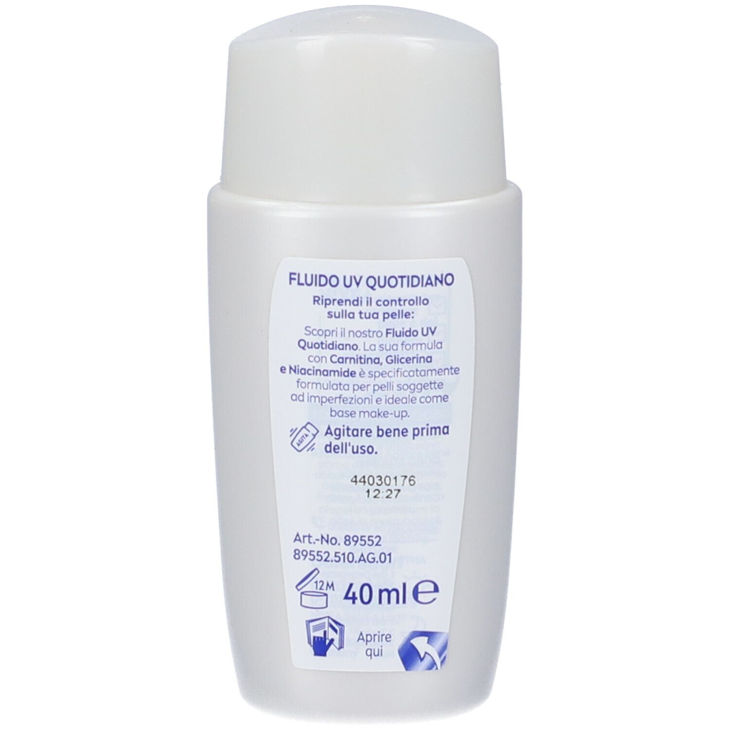 Retro del flacone bianco. Contiene testo sul prodotto, ingredienti e istruzioni. Indicazione di 40 ml.