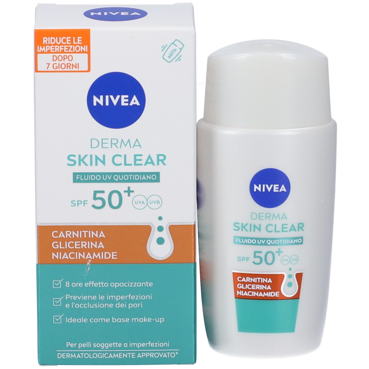 Confezione del prodotto con flacone e scatola. Logo NIVEA, nome del prodotto, SPF 50+ e principi attivi. Scatola con testo e logo.