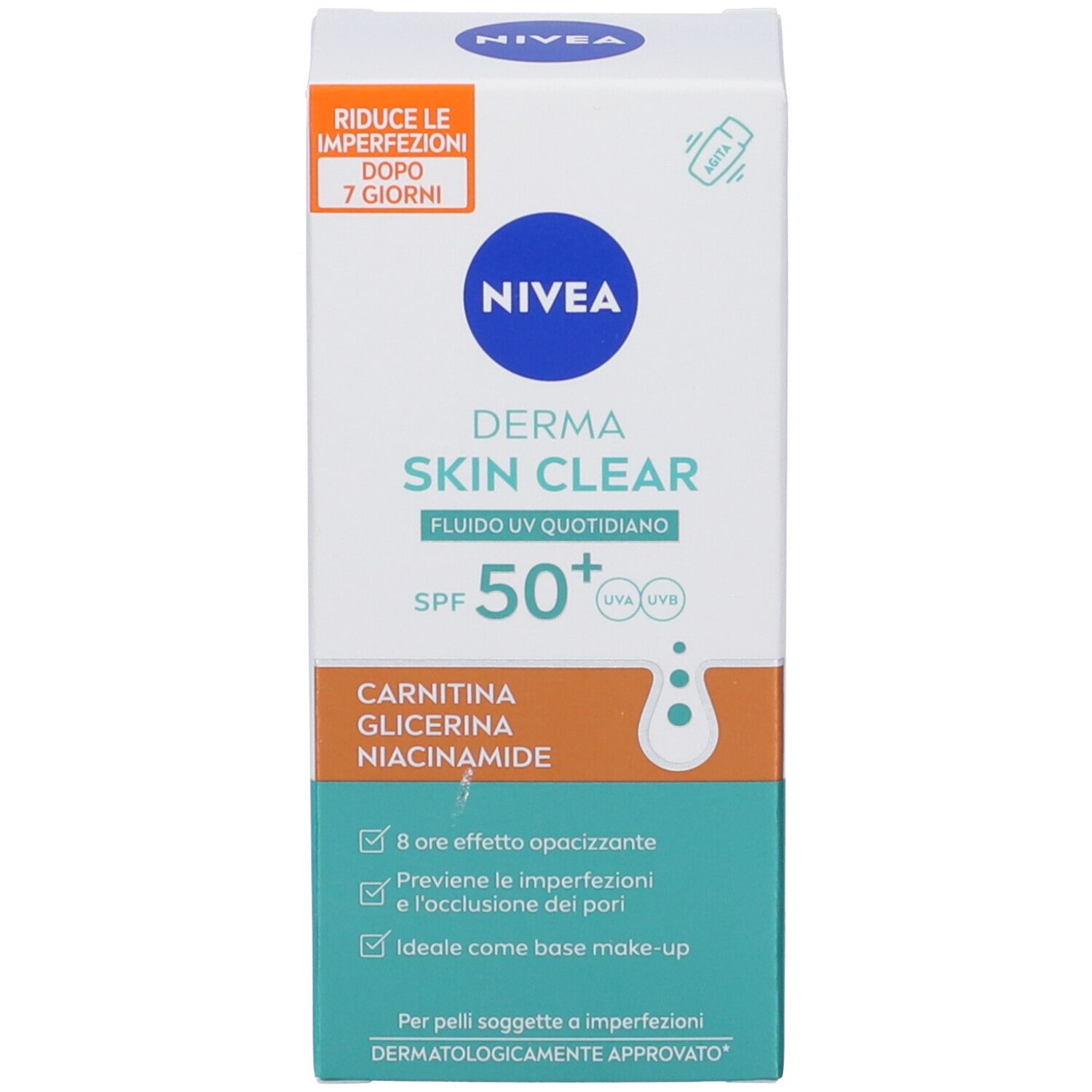 Confezione del prodotto, scatola con logo NIVEA, nome del prodotto, SPF 50+ e principi attivi. Testo e loghi sulla confezione.